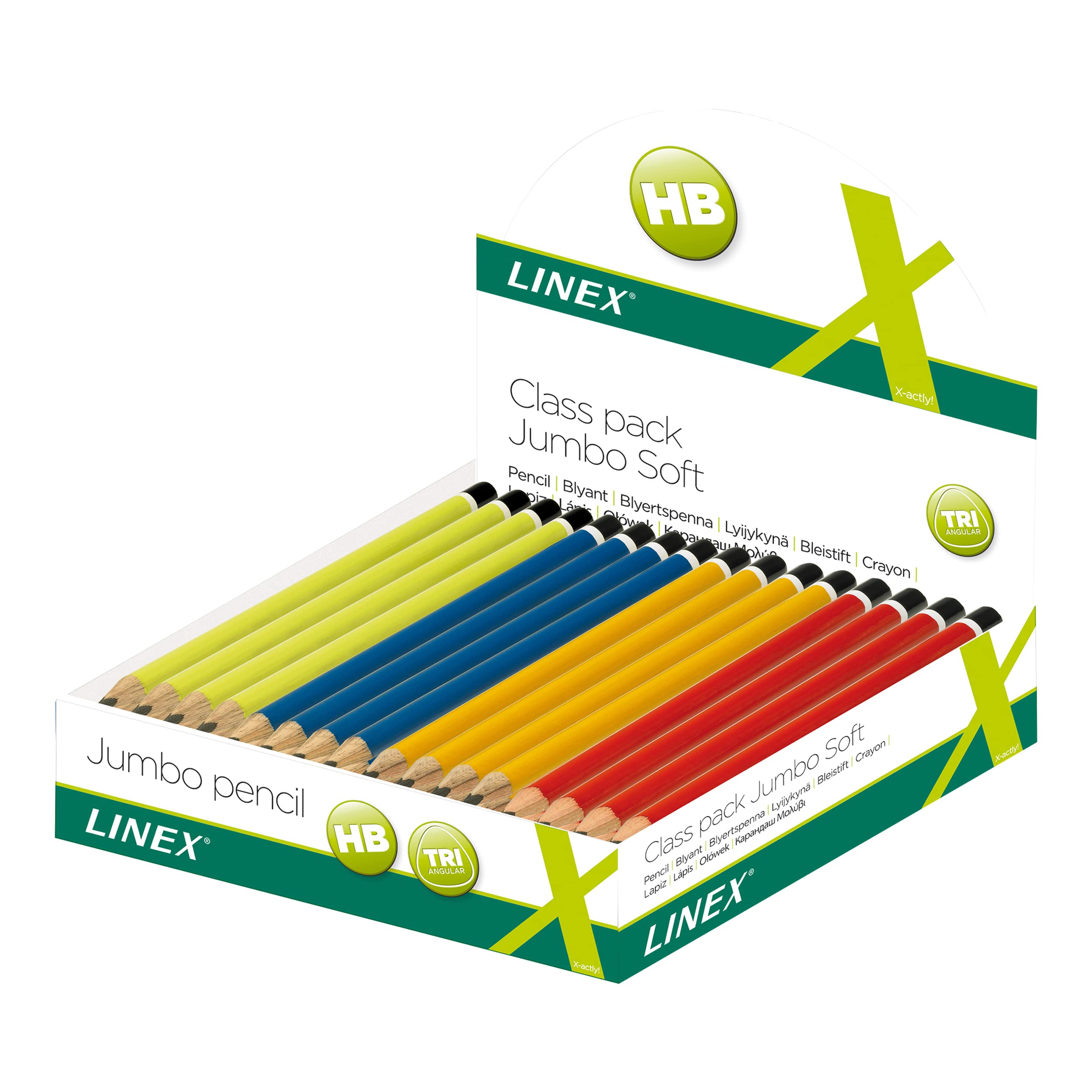 Linex Dreikantige Jumbo-Bleistifte im Display HB mit bruchfester Mine, 80 Stück, farblich sortiert (rot, gelb, blau und limettengrün)