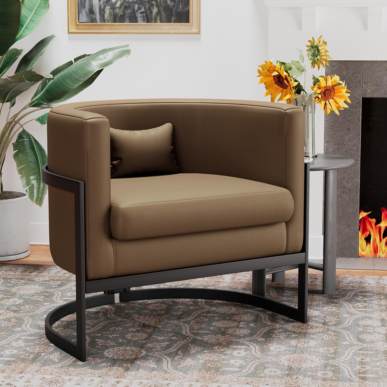 Brown Faux Leather Barrel Accent Chair Modern Upholstered Armchair for Living Room Bedroom Single Sofa Chair Club Side Chairs