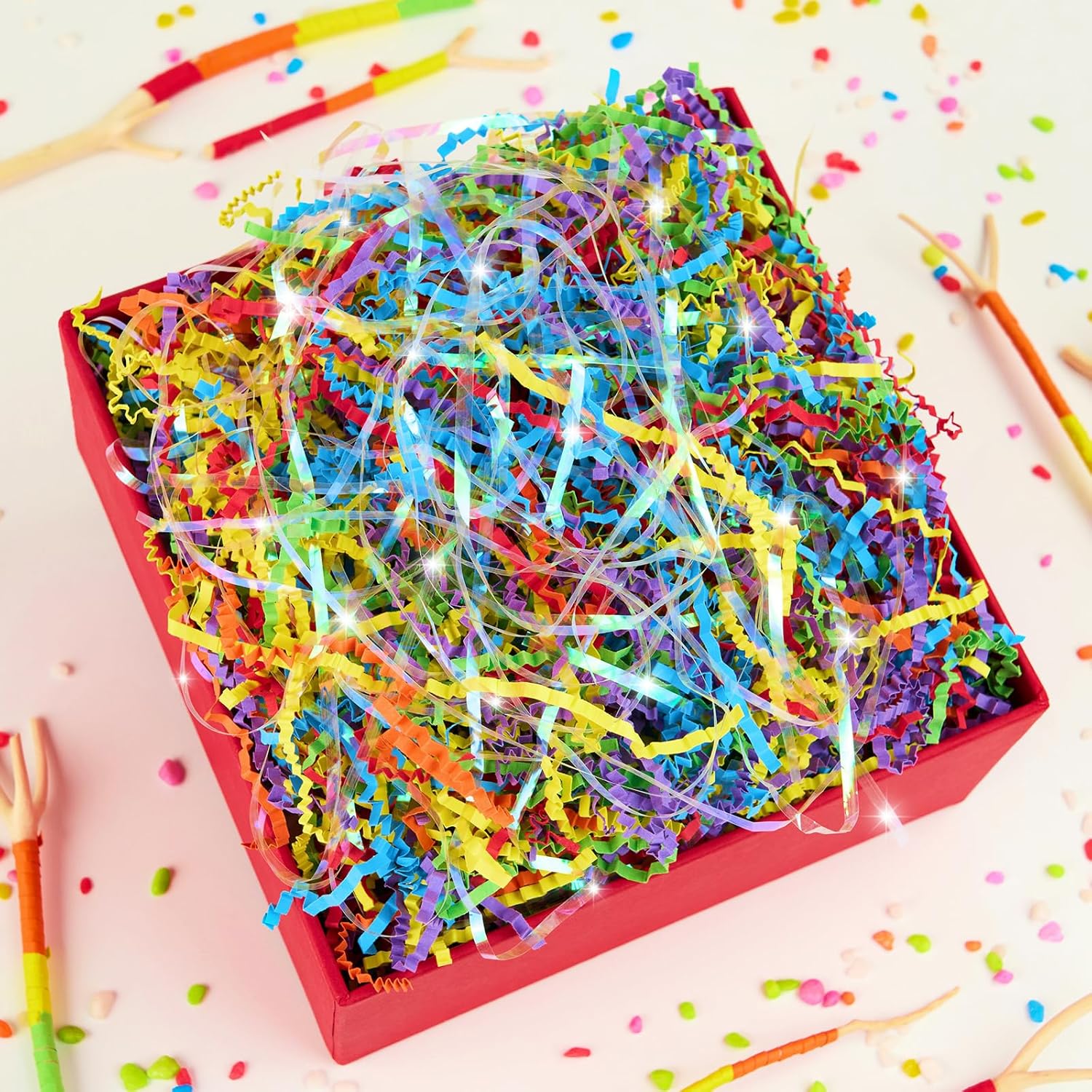 PAPER FAIR 1 LB Iridescent Rainbow Easter Grass Crinkle Cut Paper, Raffia Tissue Paper Filler Shred Strand Craft Bedding Cushion, Anniversary, Christmas, Birthday for Gift Basket Boxes