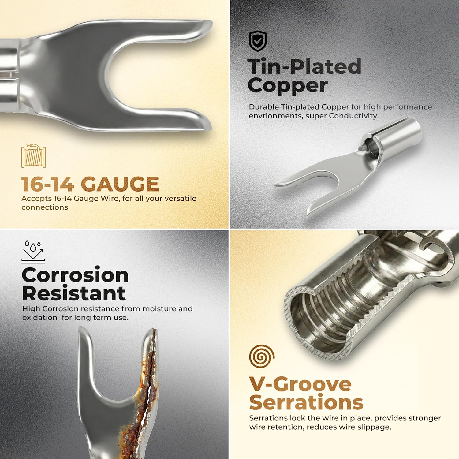Sherco-Auto 100 Pcs Non-Insulated 16-14 AWG Gauge Spade Connector - 1/4" Stud Wire Terminal - Pure Copper & V-Grooves Serrations for Strong Crimps & Corrosion Resistance - Made in USA