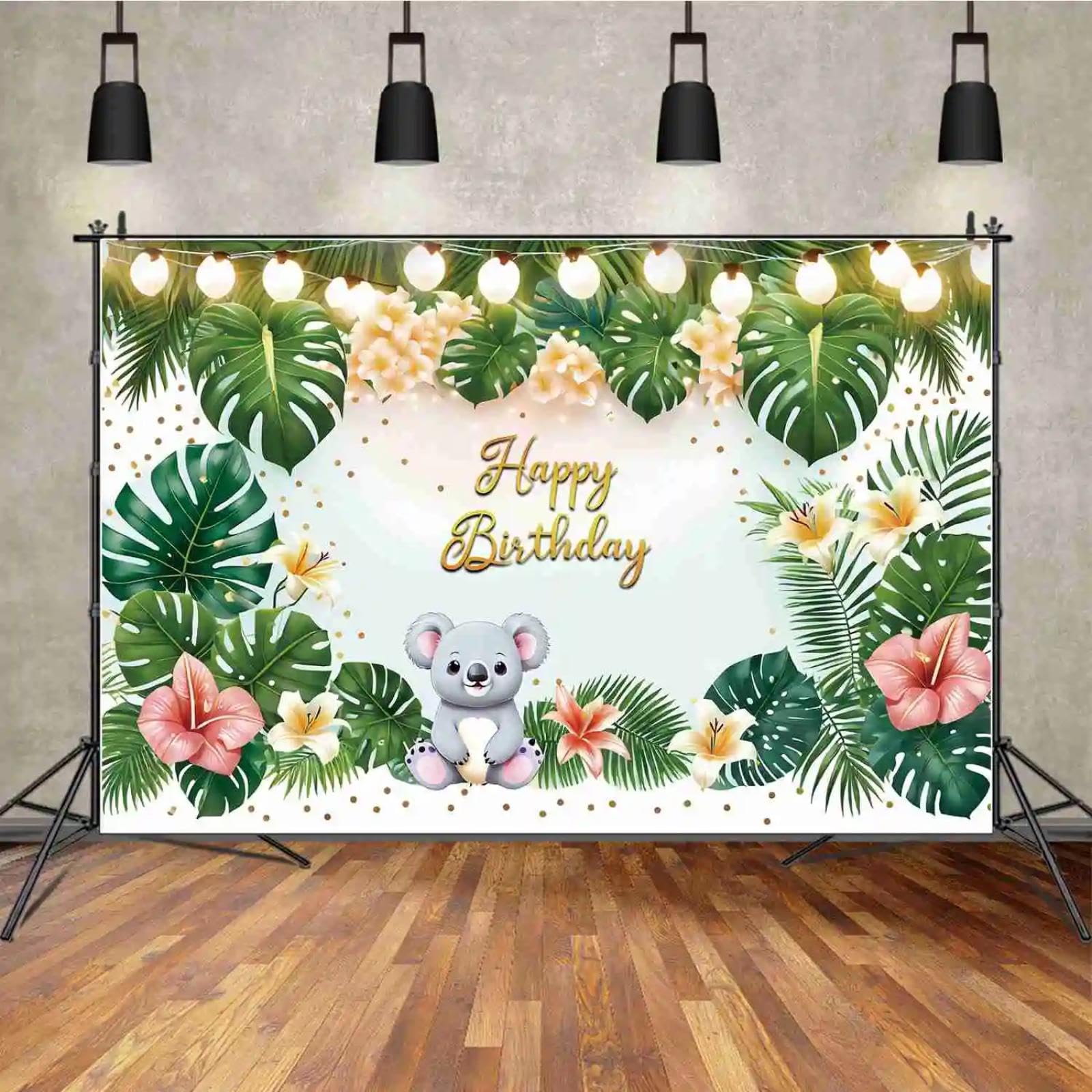 Tło dla dzieci 1. Happy Birthday baner zdjęcie tło koala liść palmy sznur lekki kwiat przyjęcie rekwizyty 300 x 200 cm