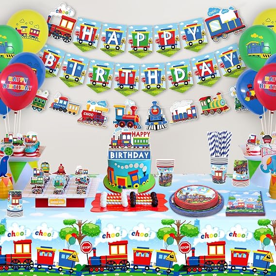Train Party Decorations , Includes Happy Birthday Banner, Plates, Cupcake Toppers, Napkins, Cups, Tablecloths, for Train Party Vehicle Party Supplies (Banner)