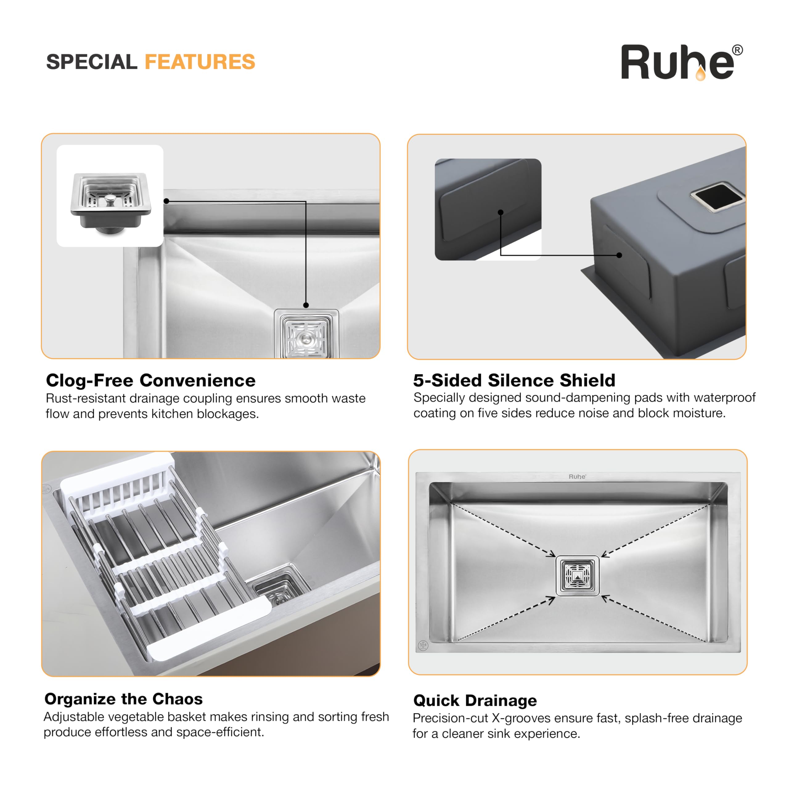 Ruhe Stainless Steel Kitchen Sink - 32" Handmade -4