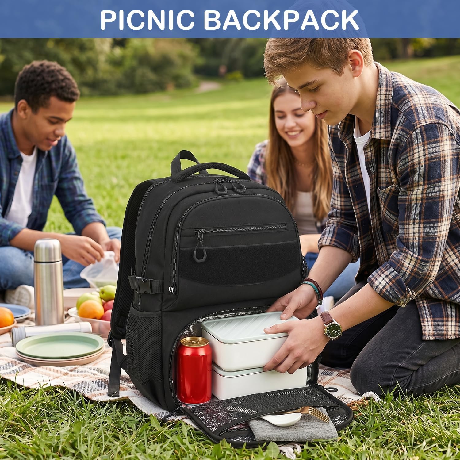 Laptop Lunch Backpack for Men, Large Capacity Tactical Insulated Backpack Cooler with USB Post and Lunch Box Compartment, RFID Lunch Box Backpack for Work, Travel, Picnic, Black