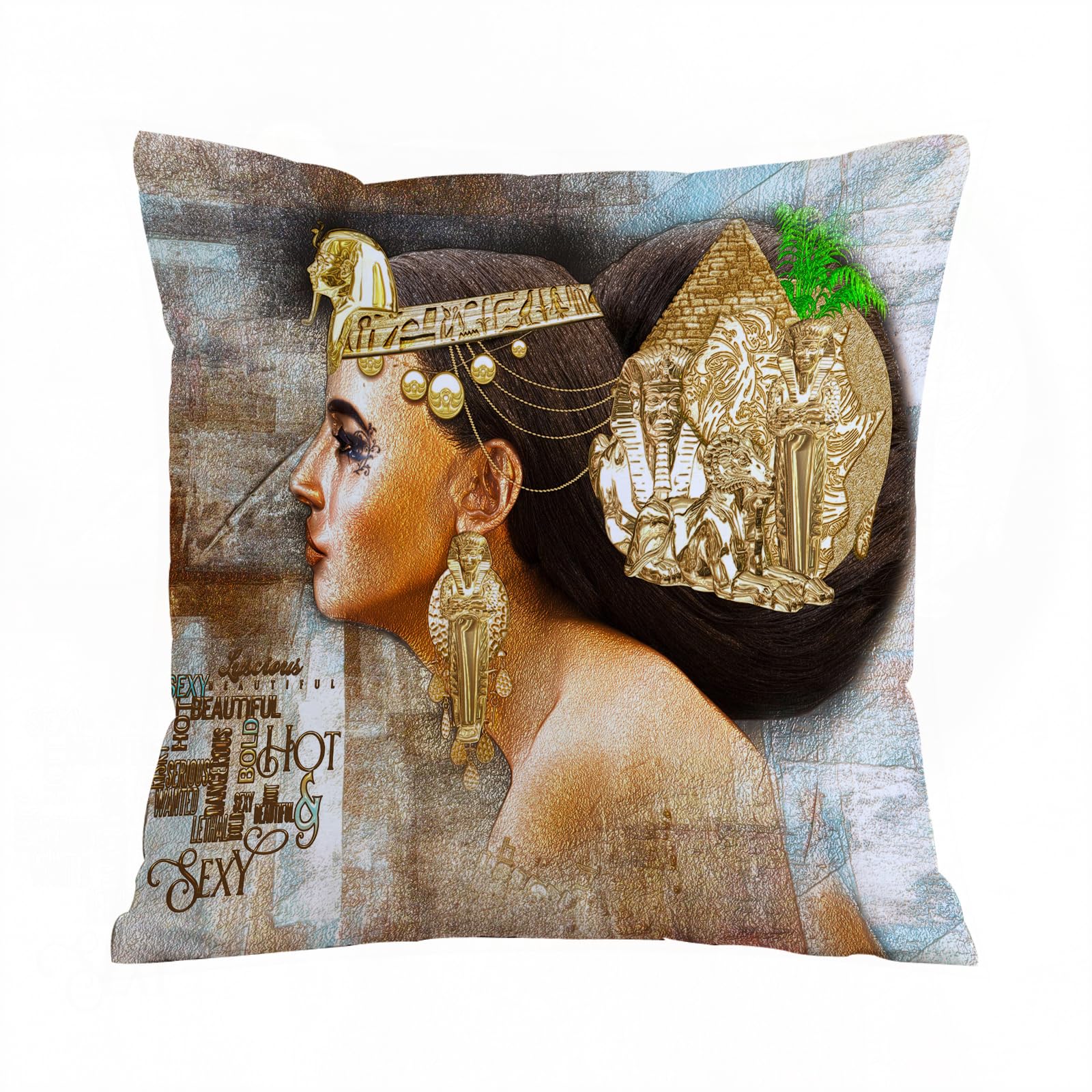 ERRTU Throw Pillow Case Pillowcase Square Printed Cushion Cover for Living Room Sofa Couch Bed Car,Egyptian woman, Queen Cleopatra's profile Historical art scene with an antique pyramid,16x16 in