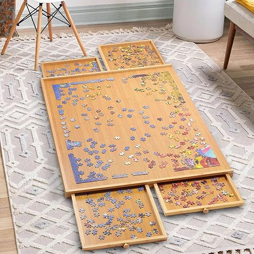 Miniatura 2 de Mesa de rompecabezas para adultos  1500 piezas de tablero de rompecabezas de bambú con 4 cajones, accesorios de mesa de rompecabezas para