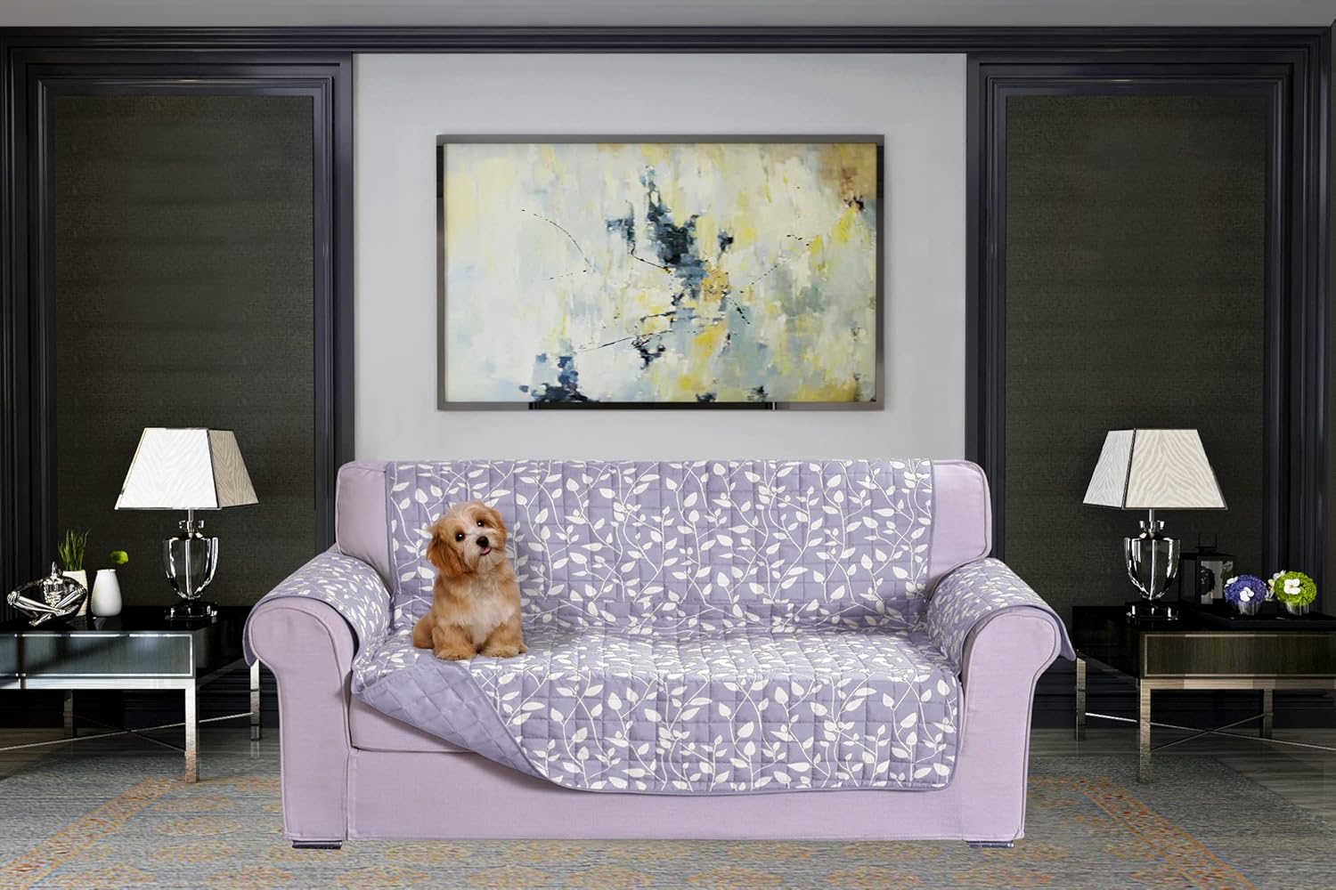 Elegant Comfort Quilted Furniture Protectors Solid and Printed Design Reversible Slipcovers Featuring Elastic Straps and Smart Pockets Great for Pets, Kids and More, Smart Leaf Sofa, Cream