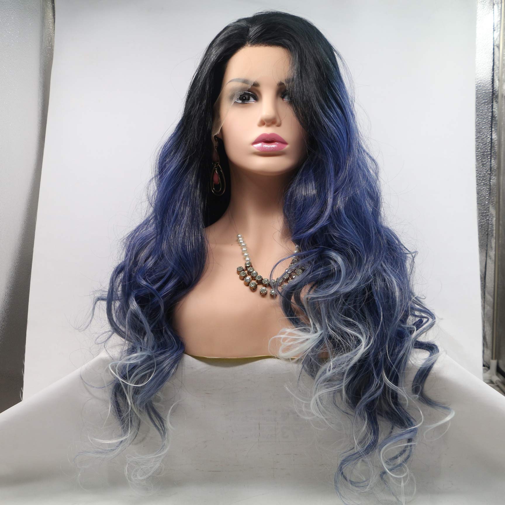Xiweiya Ombre Blue Blonde Lace Front Wigs with Dark Roots Long Curly Wave Synthetic 13x4 Lace Front Wigs Blonde Tips Heat Resistant Fiber Hair 180% Density Wig For Women 26inch