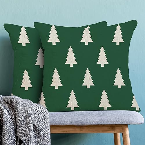 Miniatura 3 de Juego de 2 fundas de almohada de Navidad de 18 x 18 pulgadas, color verde salvia y blanco, diseño geométrico de árbol de Navidad, fundas de almohada