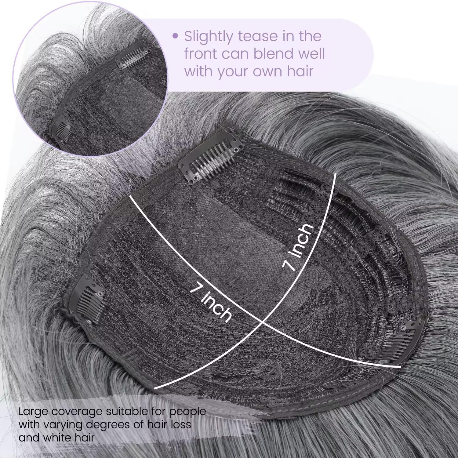 FLYROSEING Grey Mixed Hair Toppers for Women with Thinning Hair Short Bob Hair Toppers with Bangs Side Part - Image 3