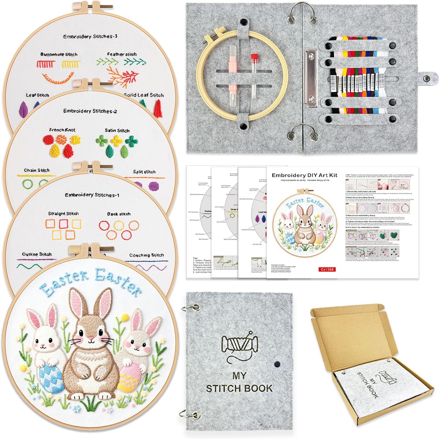 NBNQ Embroidery Stitch Book Kit for Beginners with Portable 10.65"x8.27" Loose-Leaf Cover, Includes 6 Fabric Pages, Complete Toolkit, Instructions and Videos. (Easter)