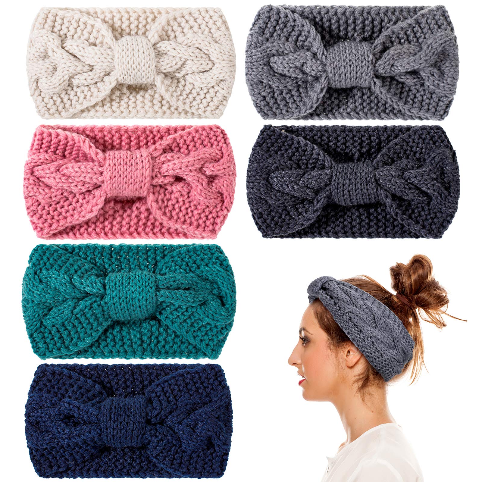 Whaline6 Pieces Knit Headbands Winter Ear Warmers, Twisted Elastic Turban Head Wraps with Bow Knot, Hair Band Accessories, Hair Scrunchies Scarves for Women Girls (Blue Pink Colors)