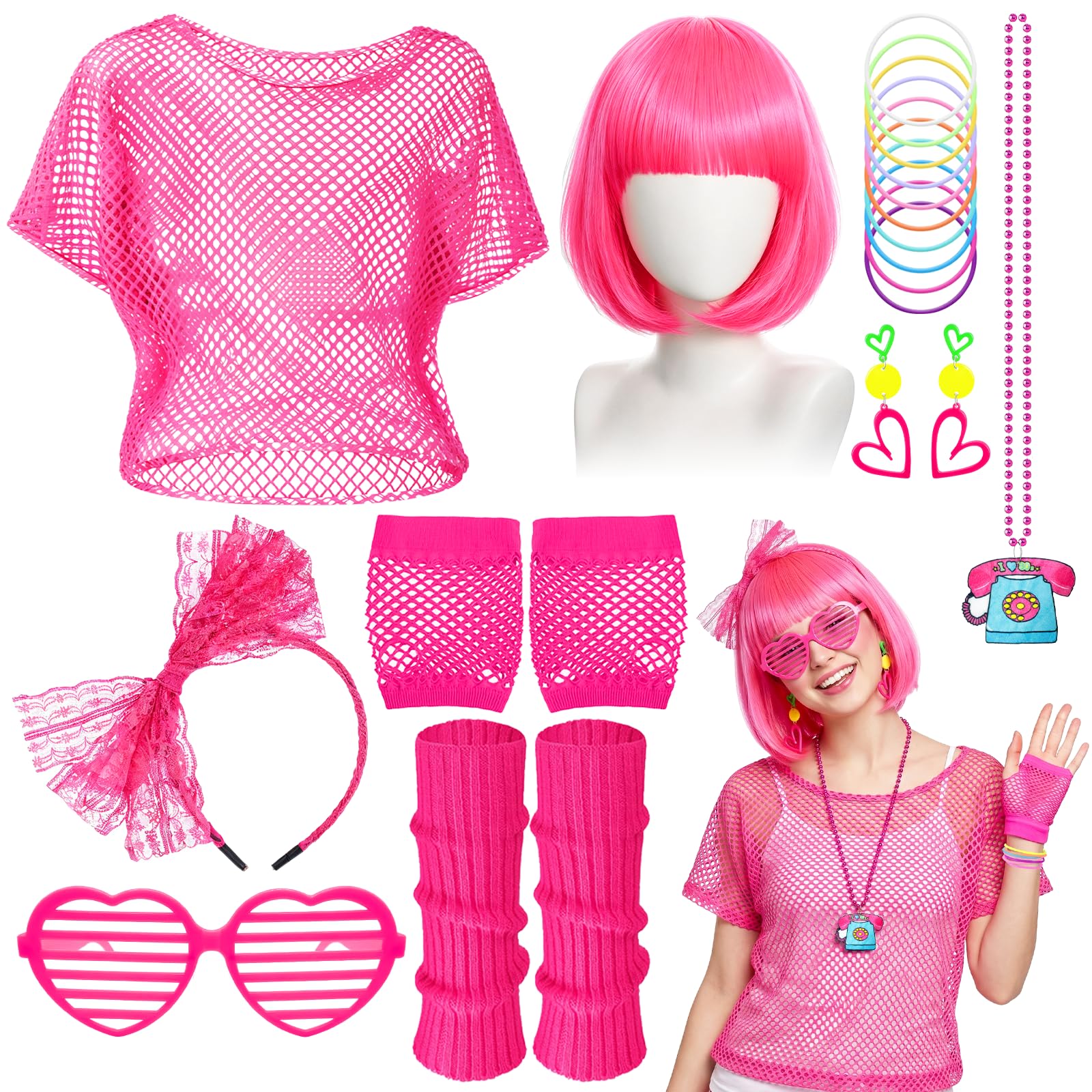 9Pcs 80s Costume Accessory Set for Women, Retro 1980s Fancy Dress Outfit with Mesh Top Wig Leg Warmers Headband Earrings Necklace Bracelets Fishnet Gloves Glasses for 80s Theme Party Halloween Cosplay
