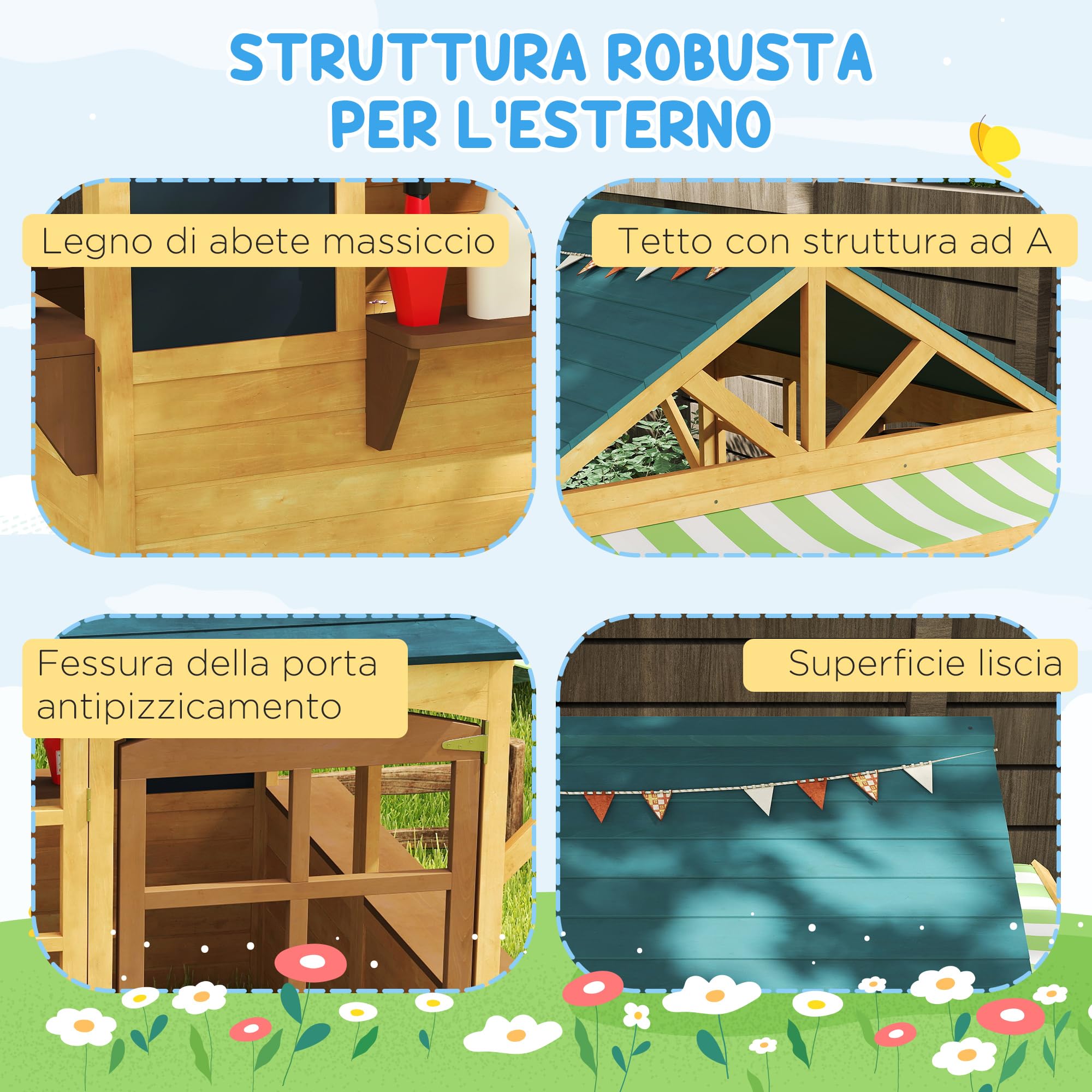 AIYAPLAY Casetta per Bambini in Legno di Abete, Casetta da Giardino Pieghevole con 5 Finestre, Tettoia, Porta e 2 Lavagne Nere, Casa da Esterno per Bimbi 3-8 Anni, 173x117x144 cm, Marrone