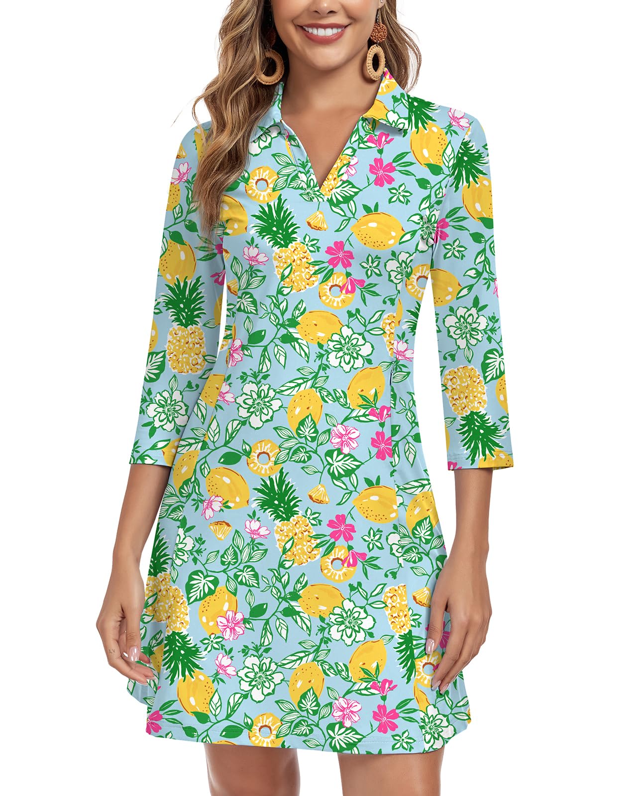 WOWENY 3/4 Sleeve V-Neck Sun Dress