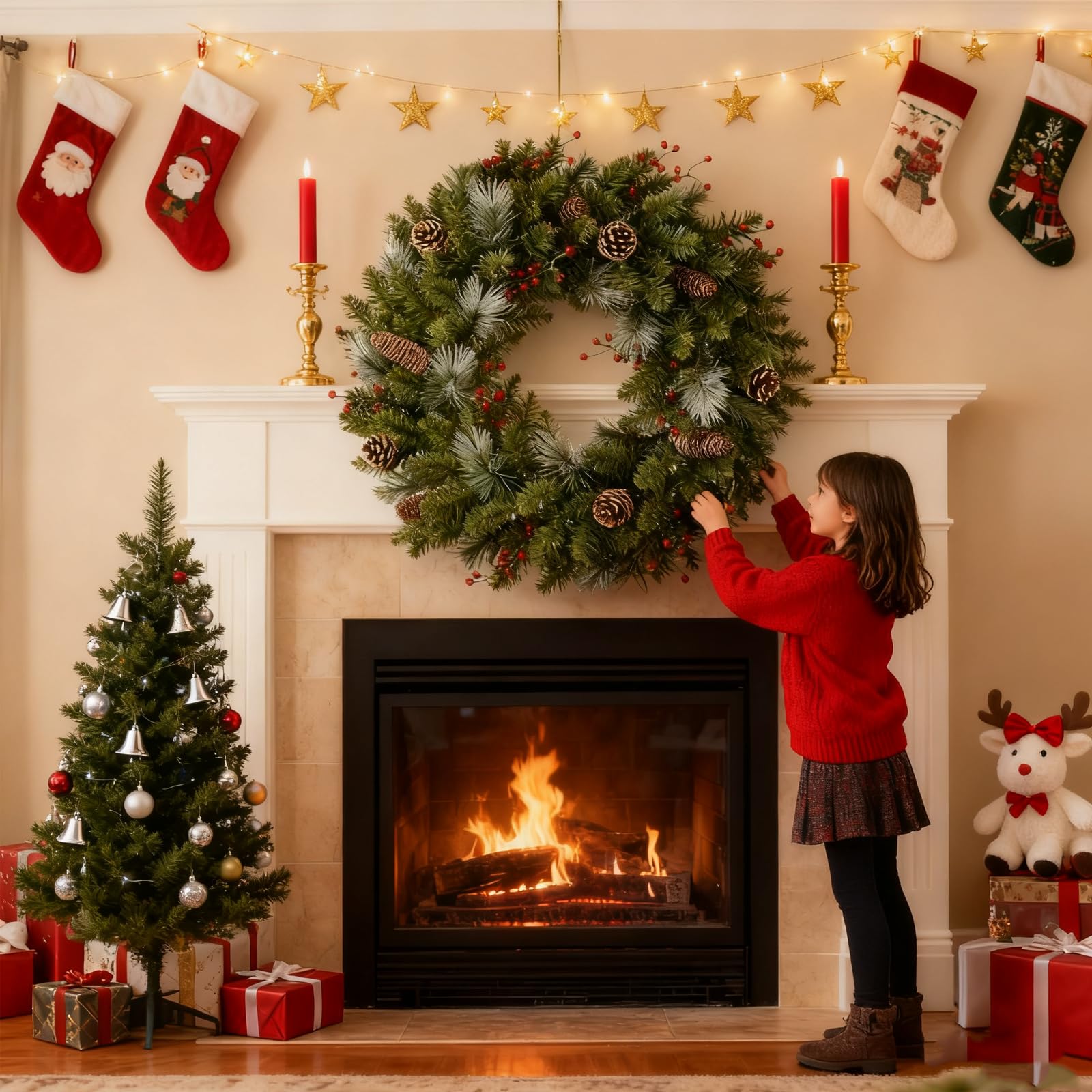 Corona de Navidad artificial de 40 cm con bayas rojas y piñas, corona decorativa de invierno para Navidad, puerta delantera, chimenea, pared, decoración del hogar