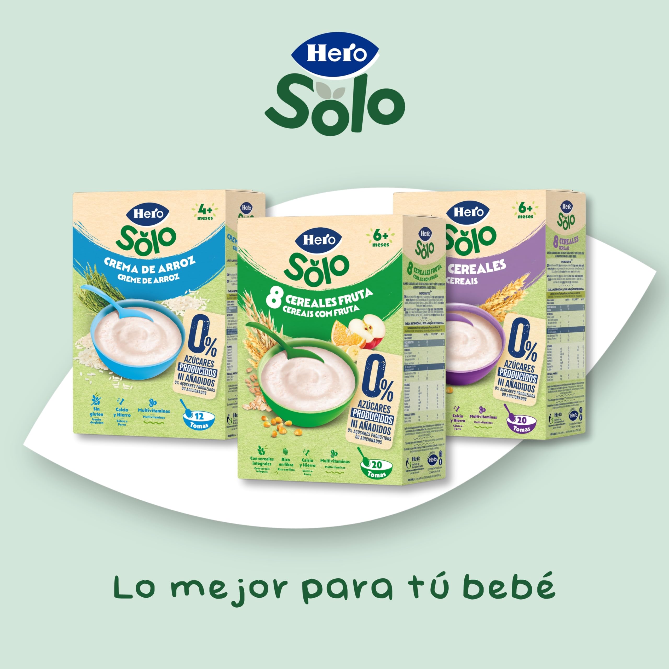 Hero Solo Papilla 8 Cereales con Fruta, Sin Lactosa, Rico en Vitaminas, Sabor Natural para Bebés, a partir de 6 meses
