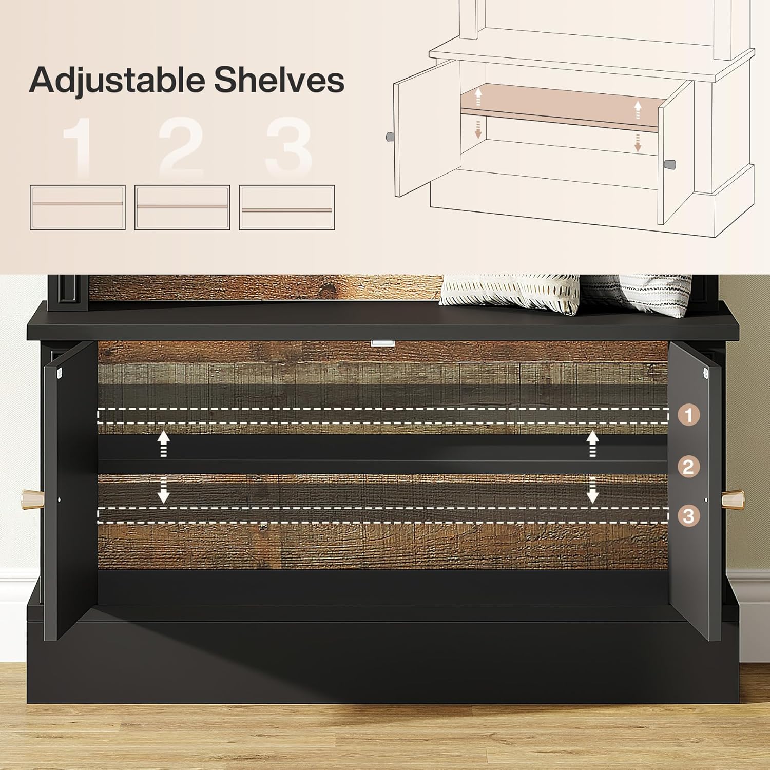 Tribesigns 70.86" Hall Tree with Storage Bench, 4-in-1 Design Entryway Bench with Coat Rack, Farmhouse Hall Tree with 5 Hooks and Adjustable Shoe Storage for Entryway, Hallway(Black＋Brown)
