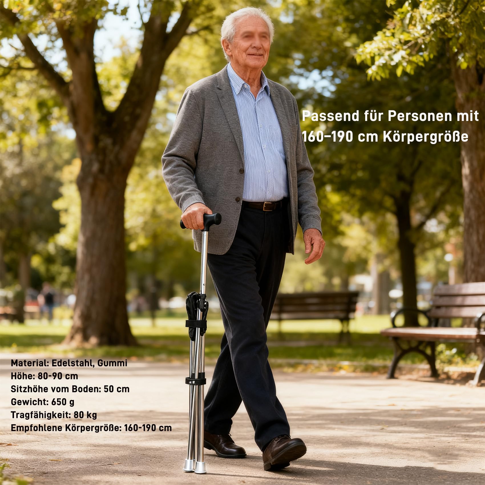 Bastón plegable con función de asiento, altura de 80 – 90 cm, capacidad de carga de 150 kg, base de silicona antideslizante, para personas mayores de 140 – 190 cm, ideal para exteriores