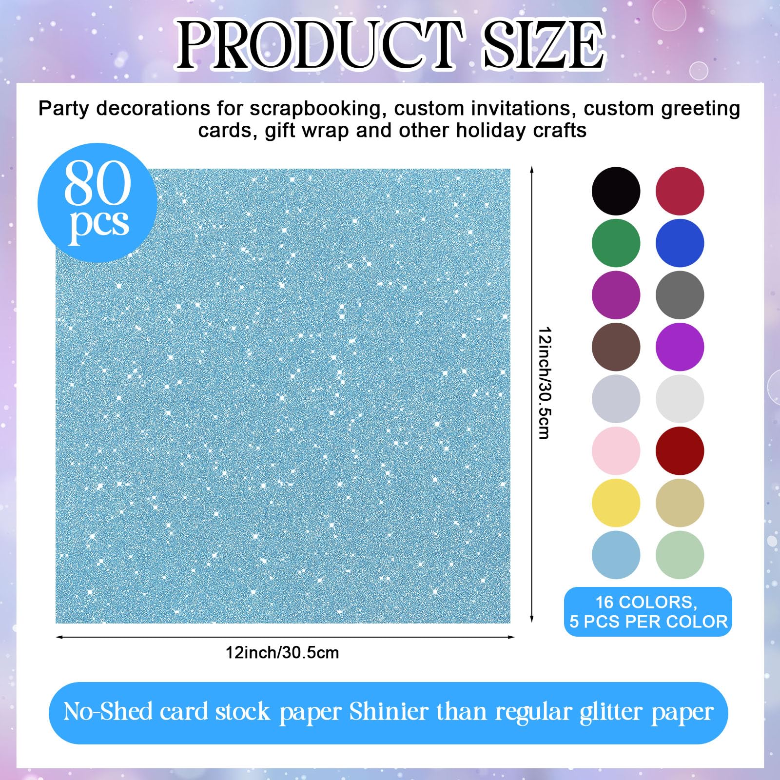 Kisston 80 Stück 30,5 x 30,5 cm mehrfarbiges Glitzer-Kartonpapier, fusselfrei, 250 g/m² (41,7 kg), schwerer Karton, Glitzer zum Basteln, glitzernd für Kartenherstellung, DIY, Kunstprojekte