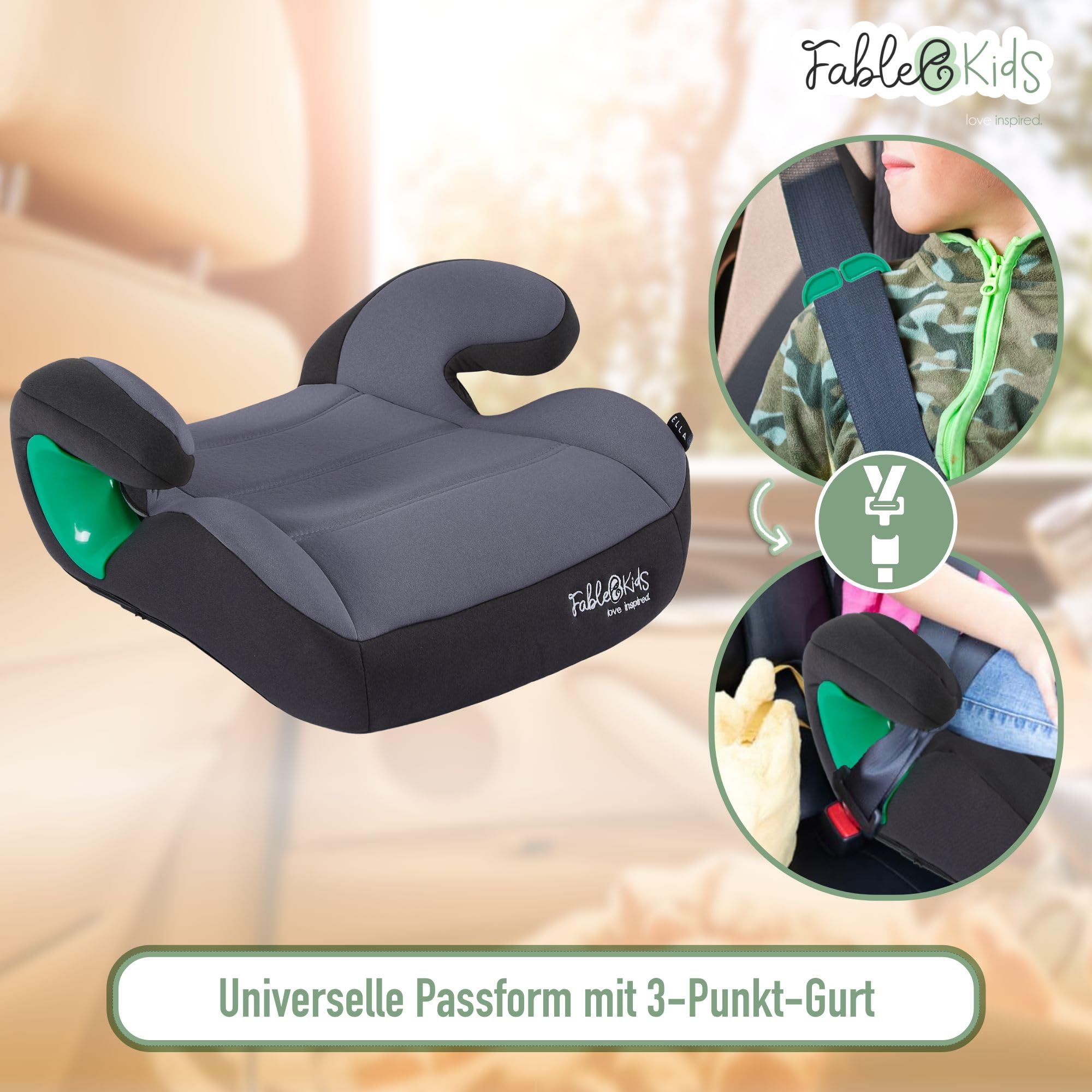 FableKids Sitzerhöhung Auto Kinder | 3-Punkt-Sicherheitsgurt | Kindersitzerhöhung bis 12 Jahre | Autositz für Kinder 125-150 cm | Kindersitzerhöhung ECE R129/03 | Grau