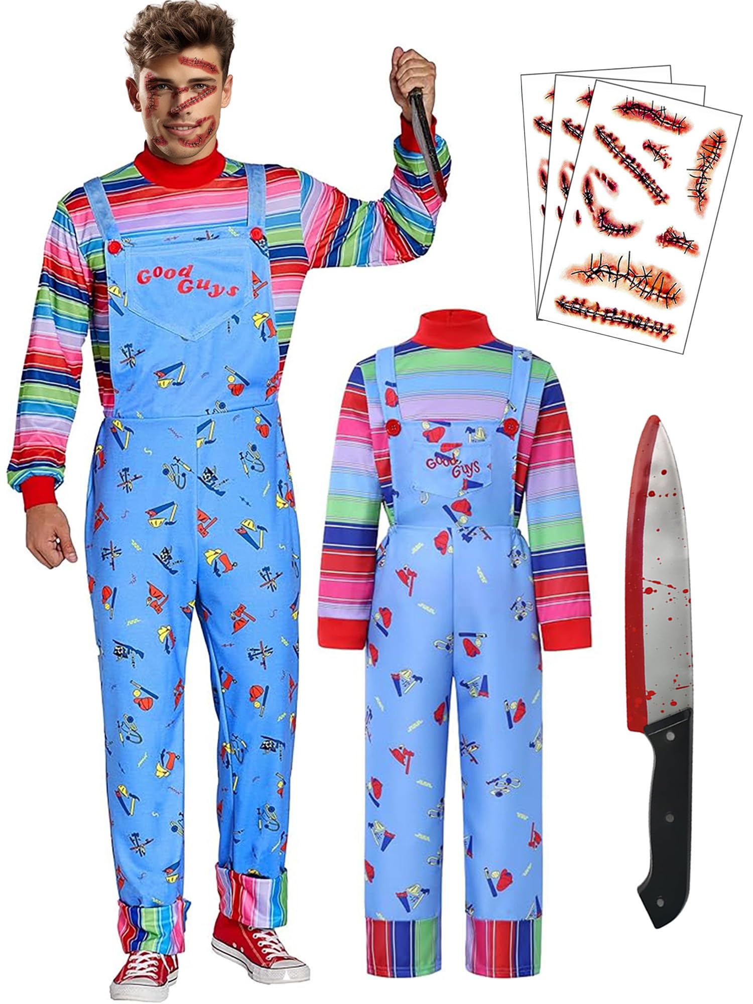 【6 Sizes】 Adult Halloween Costume Chucky Costume for Men Women Long Sleeve Overalls Prop…