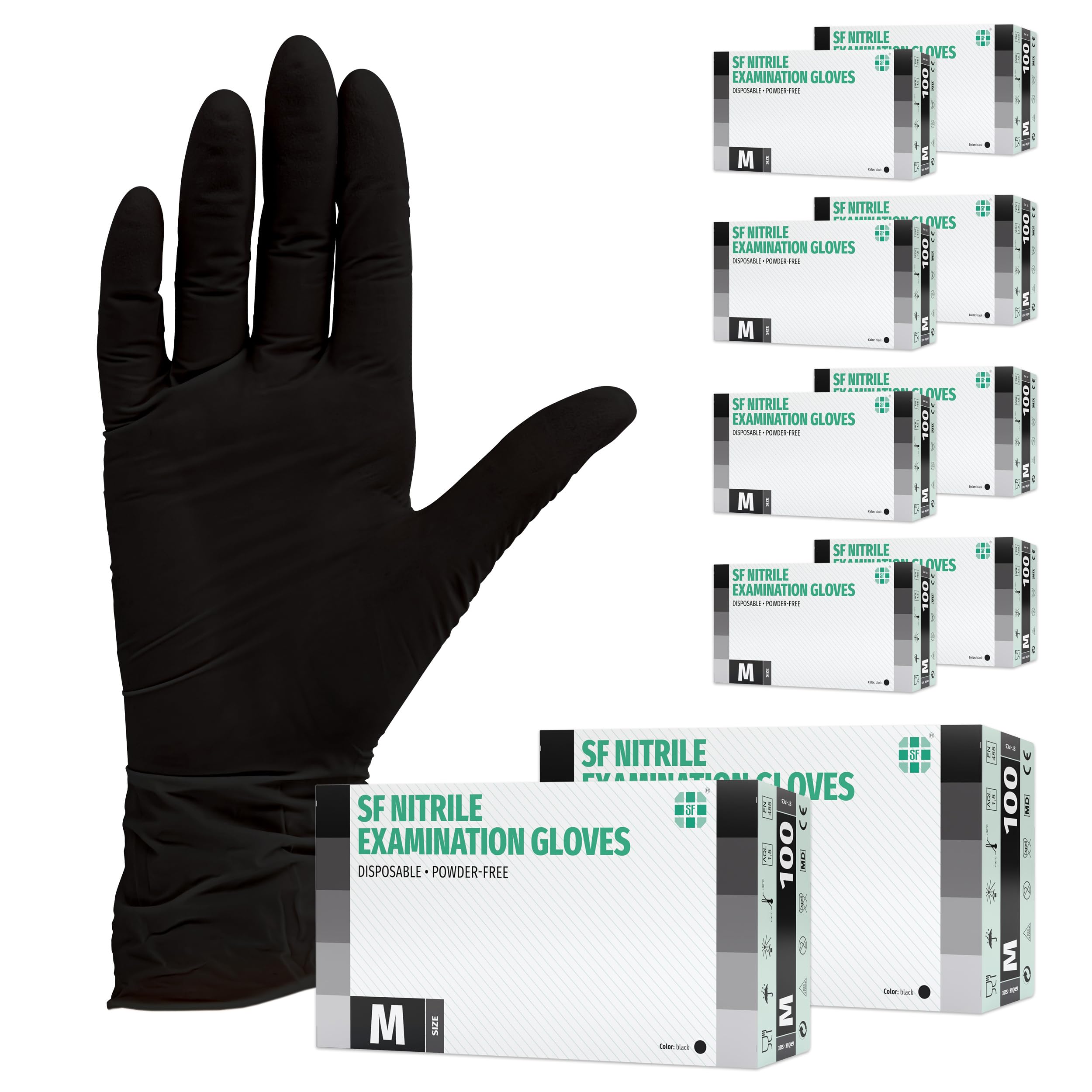 SF Nitrilhandschuhe M Schwarz – 1000 (10x100) Stück Einweghandschuhe, Einmalhandschuhe, Medizinische handschuhe, Puderfrei, Latexfrei, für Medizin, Küche, Putzen, Kosmetik, Haushalt