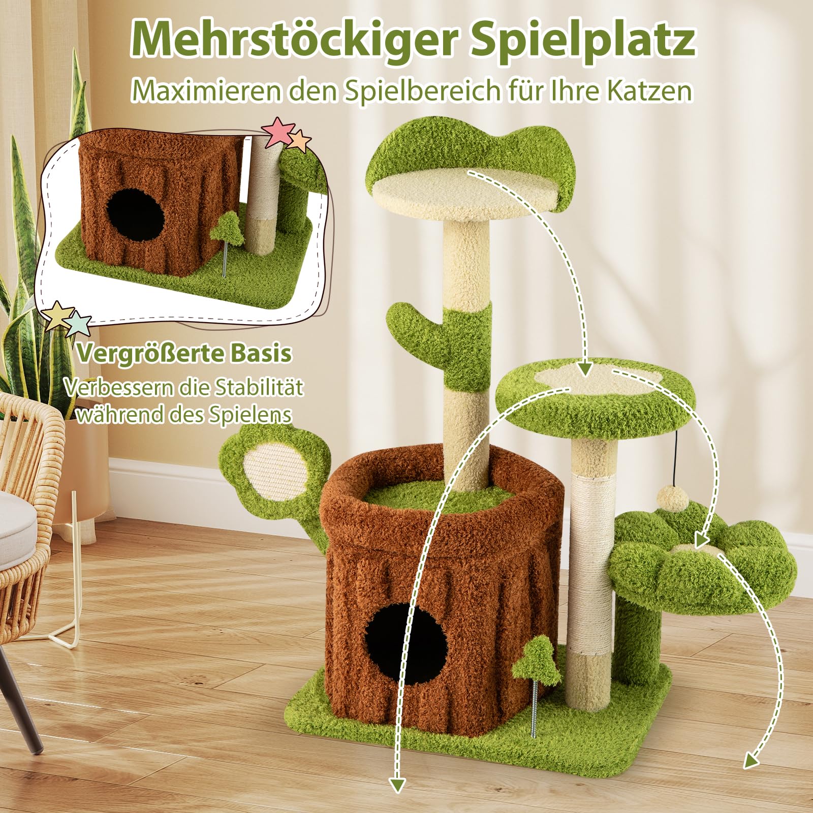 COSTWAY Kratzbaum, Katzenbaum mit Katzenhöhle, Plattformen, Plüsch-Schlafbett, Ball & Brett, Katzenkratzbaum Katzen Katzenmöbel, Kletterbaum Aktivitätsbaum, Grün + Braun (55 x 40 x 92 cm)