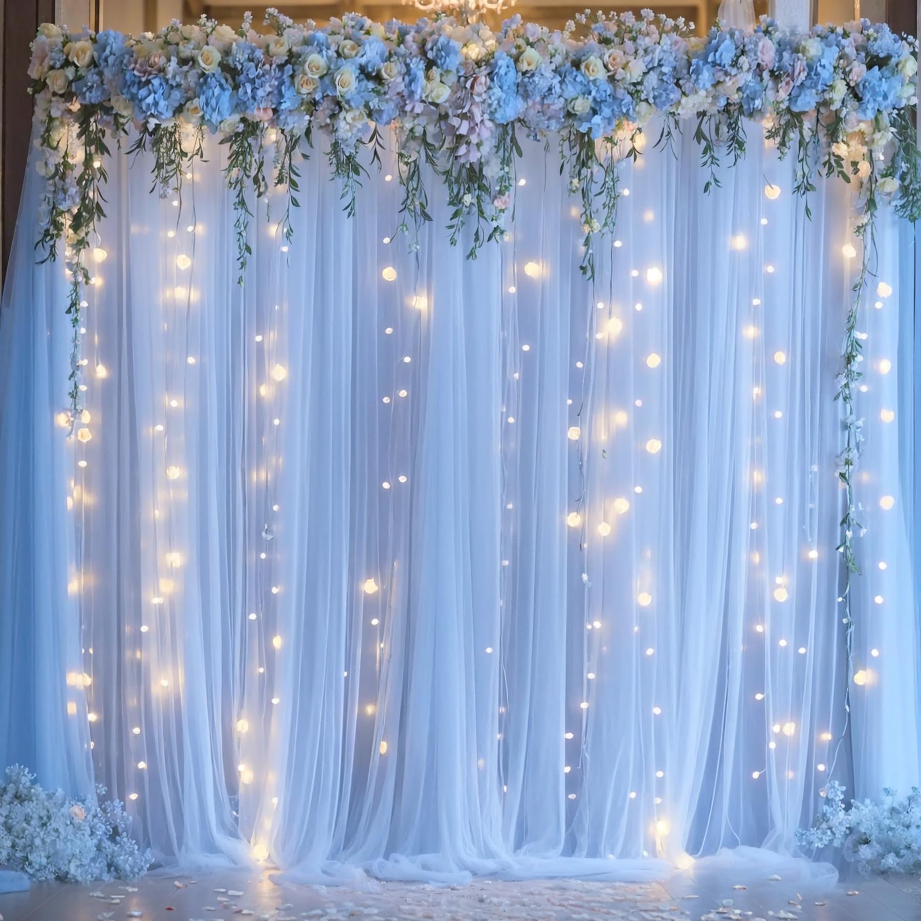 Photo 1 of 10ft x 10ft Orange Tulle Photo Backdrop Curtain with Lights String for Halloween Party Orange Sheer Curtain Backdrop Drapes for Birthday Party Wedding Photo Booth Background Home Room Decorations