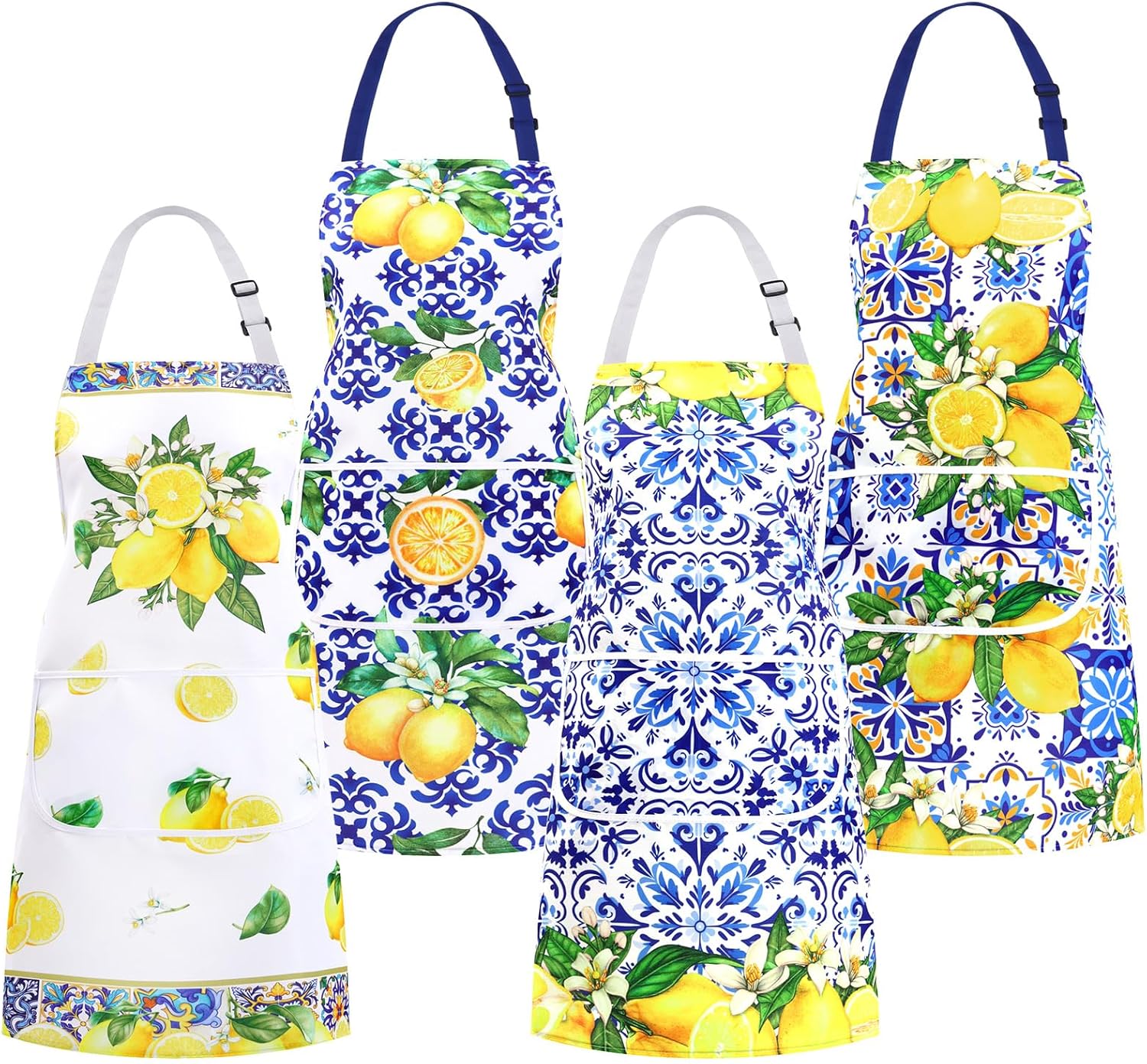 Newcotte 4 Pack Italian Lemon Aprons Adjustable with 2 Pockets Amalfi Coast Chef Apron Blue Tiles Lemon Gift for Women Housewarming New Home Italian Kitchen Decor
