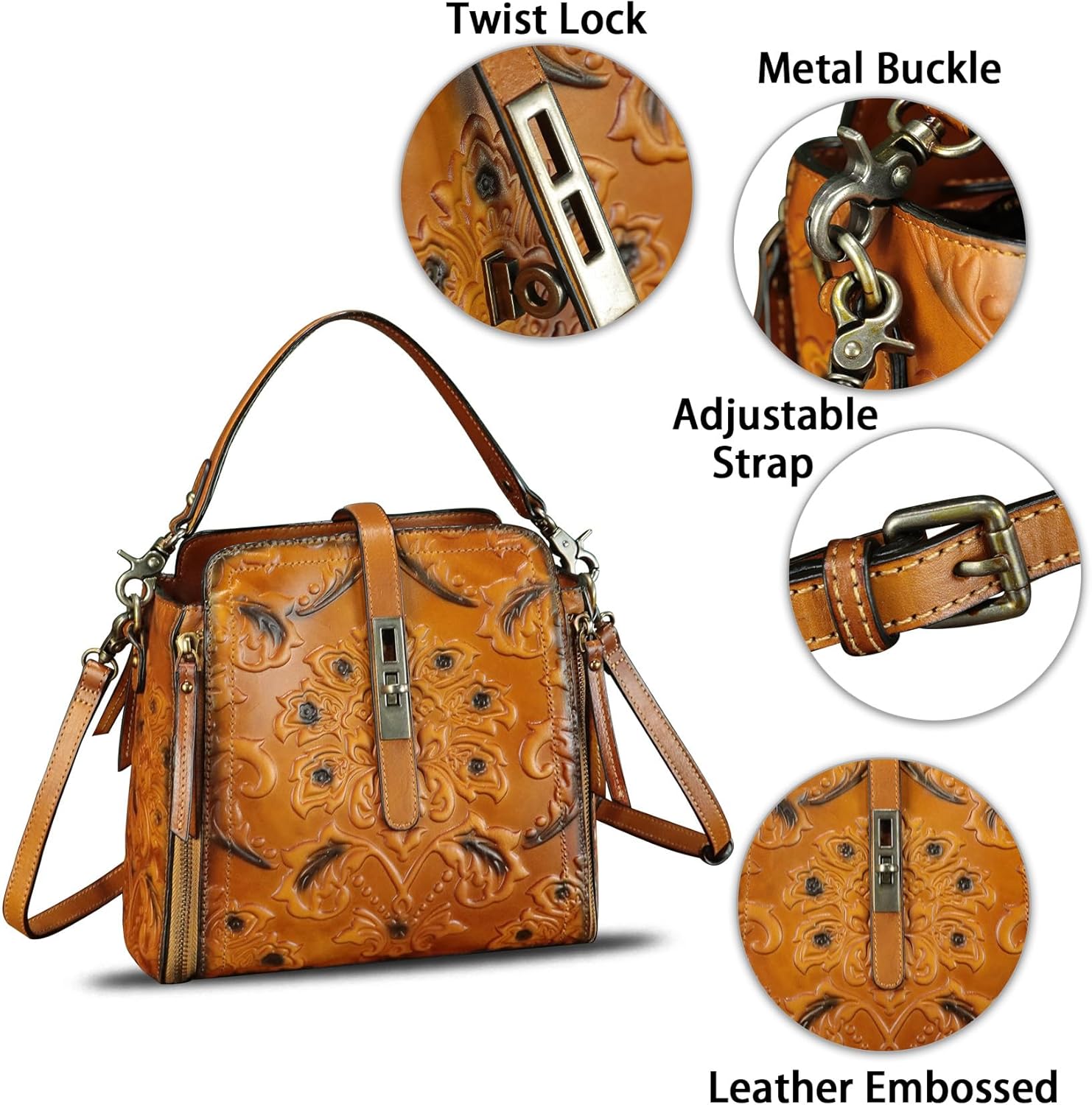 LRTO Genuine Leather Purses and Handbags for Women Retro Embossed Crossbody Shoulder Bag Satchel Pouches - Image 6
