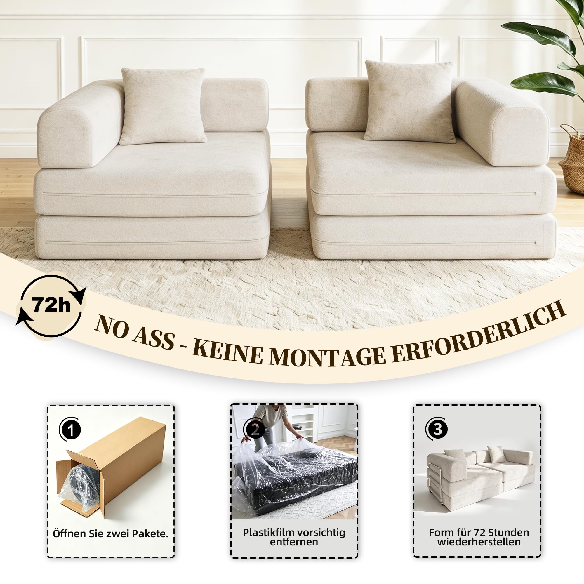 Schlafsofa 200cm Breit, Boneless Couch mit Kuscheliger Chenille-Stoff, Modulares Bodensofa klappbar, 3-Sitzer Sofa mit Schlaffunktion, Waschbarer Bezug, Metallrahmen & 2 Kissen, Cremeweiß