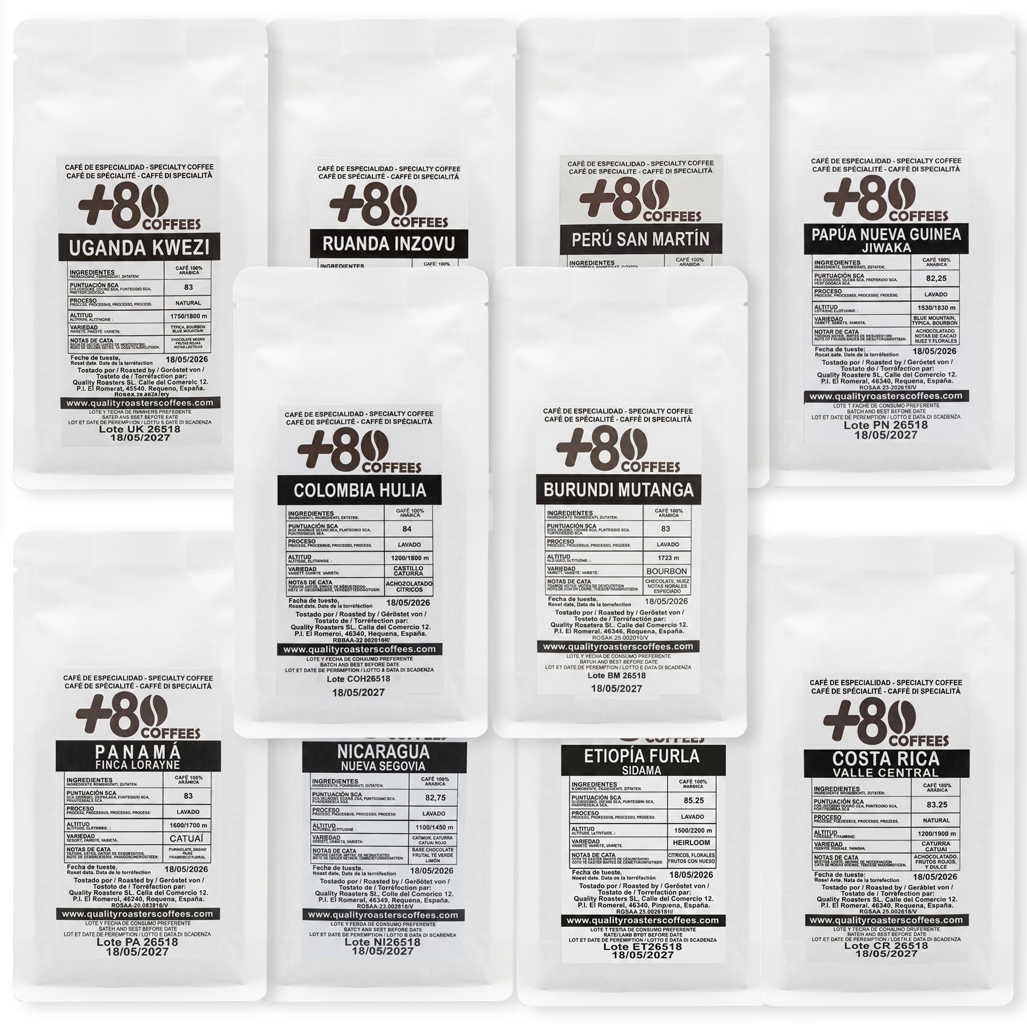 +80 Coffees by Quality Roasters Pack de 10 Paquetes de 100gr, 10 Orígenes, 100% Café Arábica de Especialidad, Puntuación SCA Superior a 80 Puntos, Tostado Artesanalmente, Tueste Medio, Grano Entero