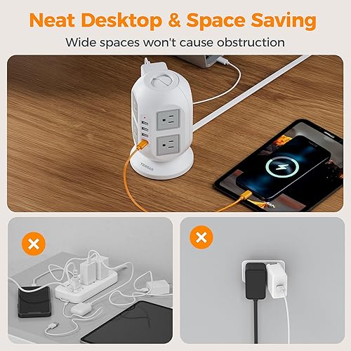 Miniatura 8 de TESSAN Regleta protectora contra sobretensiones en torre de 10 pies, cable de extensión plano largo con múltiples tomas, 8 salidas de CA con 4