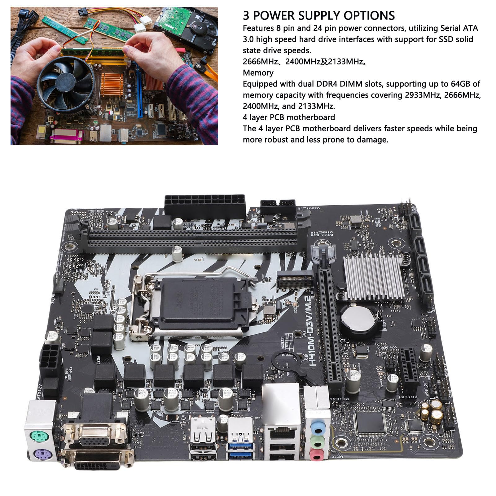 Elprico Placa Base Micro ATX, LGA 1200, DDR4 de Doble Canal 2933 2666 2400 2133 MHz, Compatible con Procesadores Celeron de 10.ª Generación, 4xSerial ATA III, 4xUSB3.2 Gen 1,