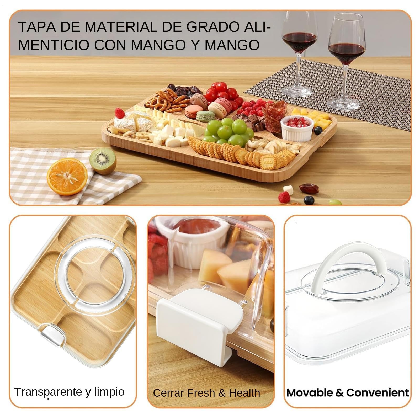 Tablas de Cortar para Cocina, Tablas De Madera Para Cocina, Contenedor De Almacenamiento Bandeja De Servir Con Tapa Para Charcutería Queso Camping Hogar Fiesta Al Aire Libre