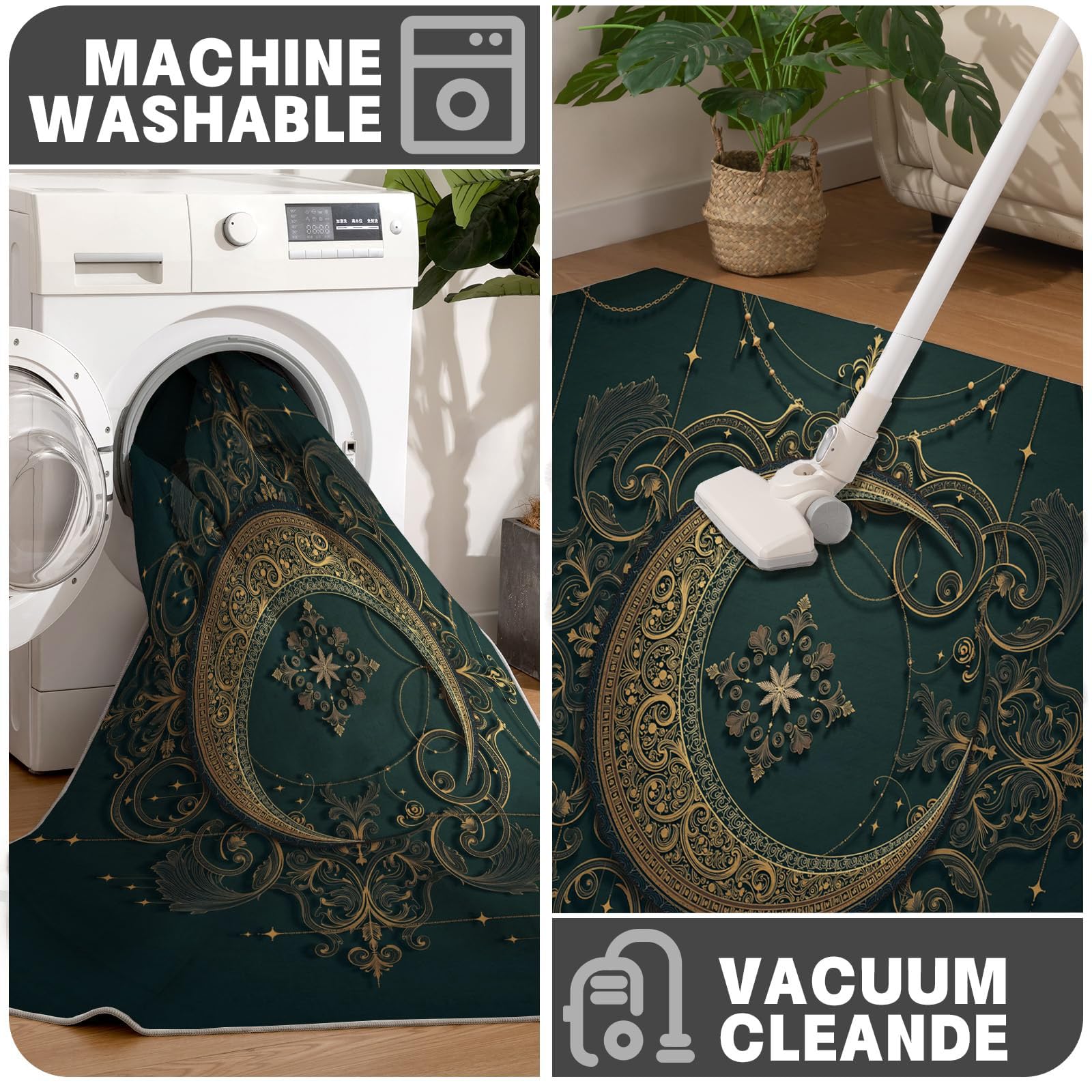 Tapis de Salon Rond, Motif Art Décoratif En Filigrane De Croissant De Lune Tapis Antidérapant Doux Moelleux pour Décoration Salle à Manger Canapé ou Chambre d'enfant (Vert foncé, Diamètre 200cm )