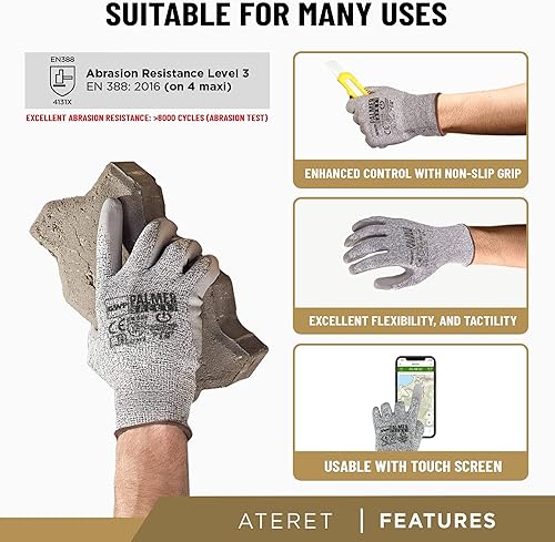 Miniatura 3 de ATERET Guantes de trabajo de nailon HPPE y guantes recubiertos de fibra de vidrio, uso ideal para corte de vidrio, fabricación (varios paquetes