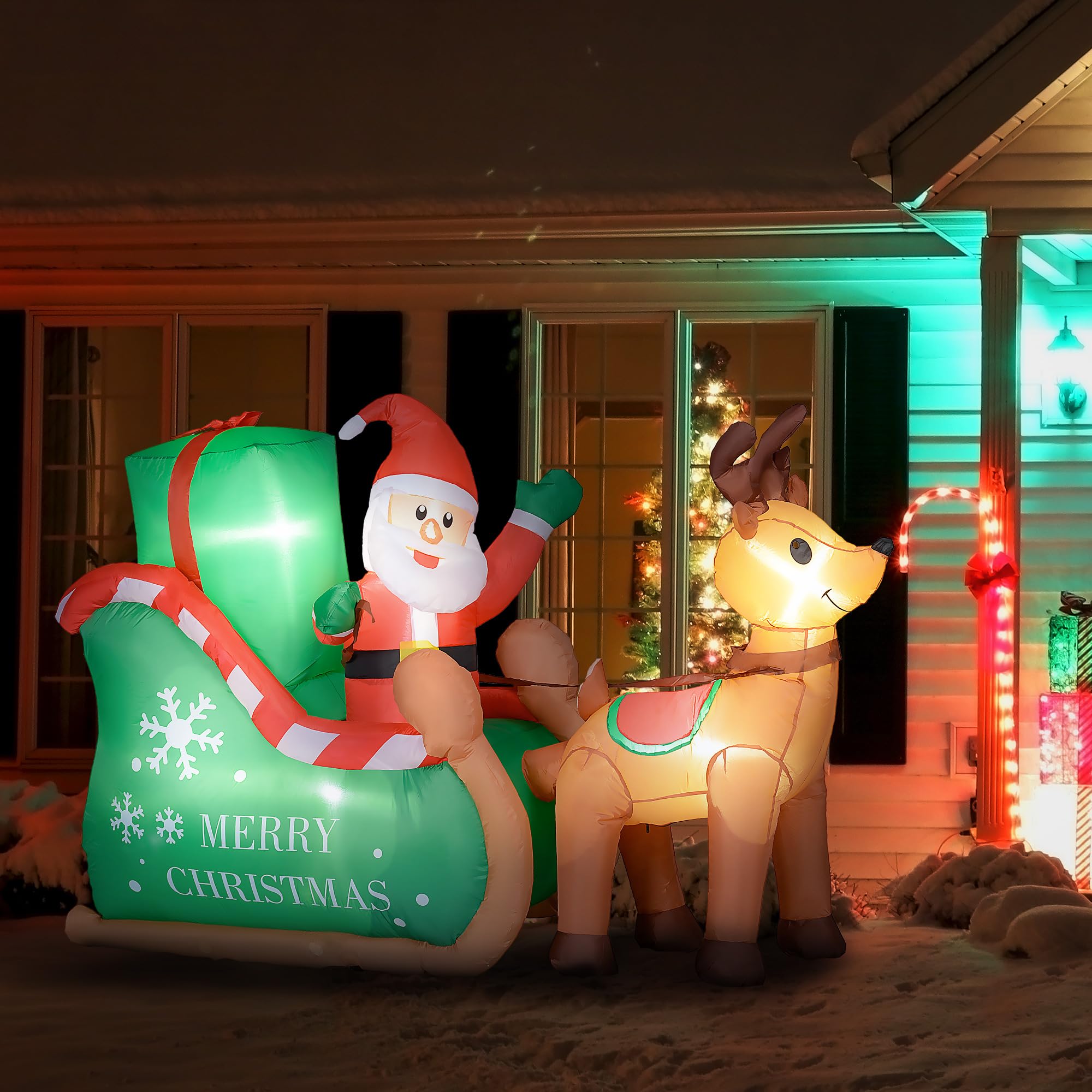 Outsunny Aufblasbar Weihnachtsdeko 2,1 m Weihnachtsmann mit Schlitten | Rentier, LED-Beleuchtung, Selbstaufblasende Weihnachtsbeleuchtung, für Innen- und Außenbereich