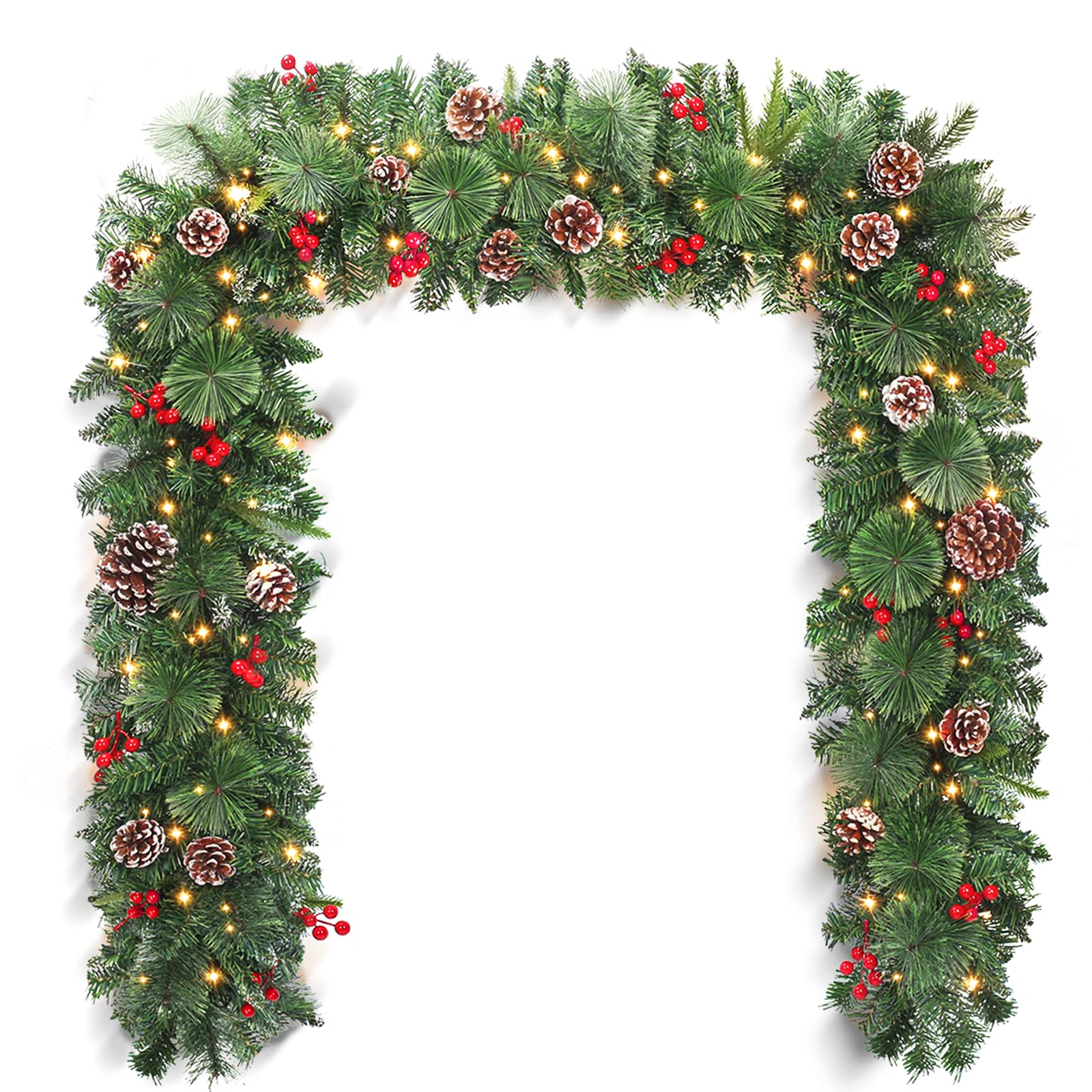 9FT Pre-lit Christmas Garland with 100 Warm White LED Lights, Pine Cone Red Berries Decorations, Battery Operated Prelit Garland, Indoor/Outdoor Holiday Decor 8 Lighting Modes with Timer