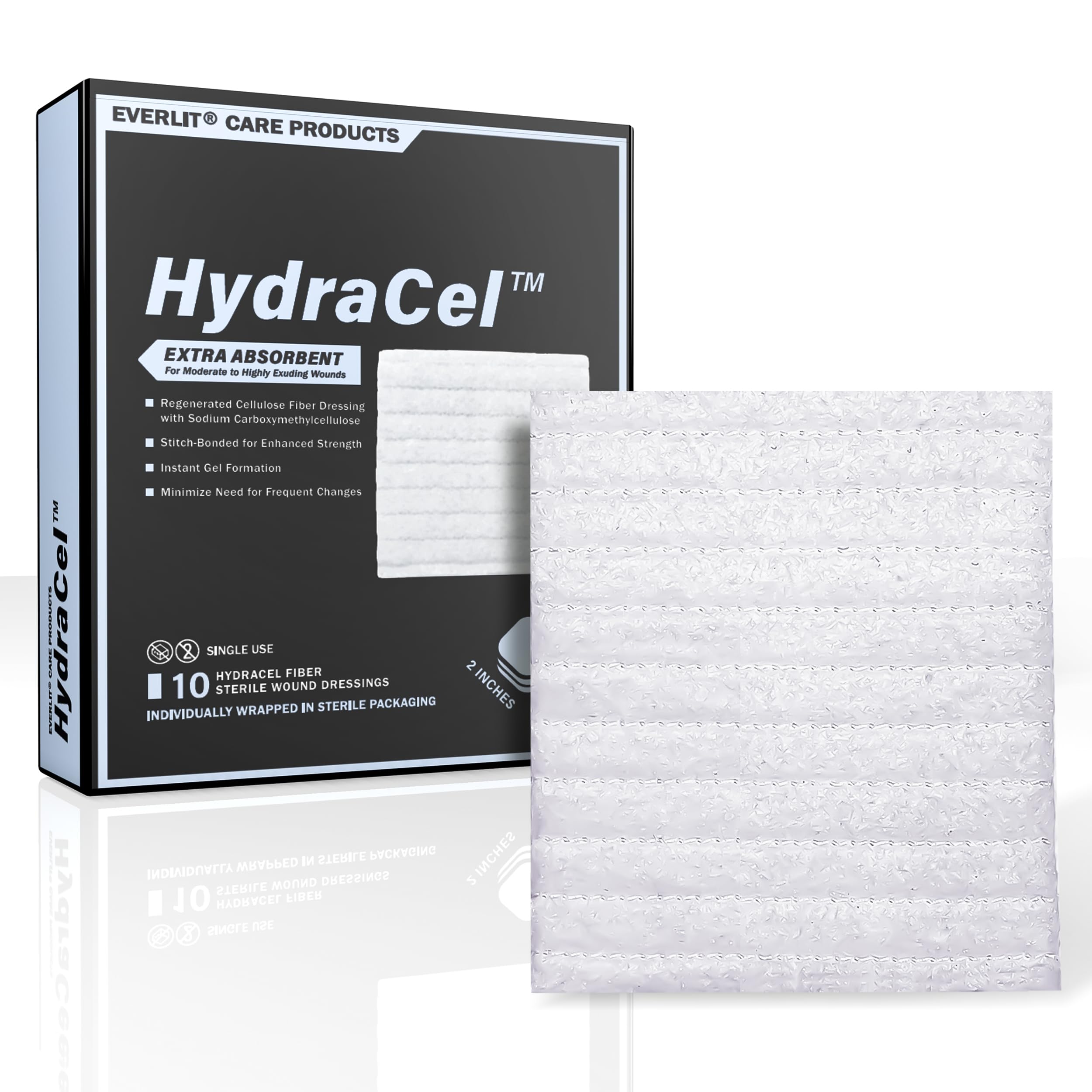 EVERLIT HydraCel Medicazione Sterile a doppio strato in idrofibra con cuciture | Cuscinetto extra assorbente avanzato per la gestione delle ferite fortemente essudanti | ferite croniche e ulcere