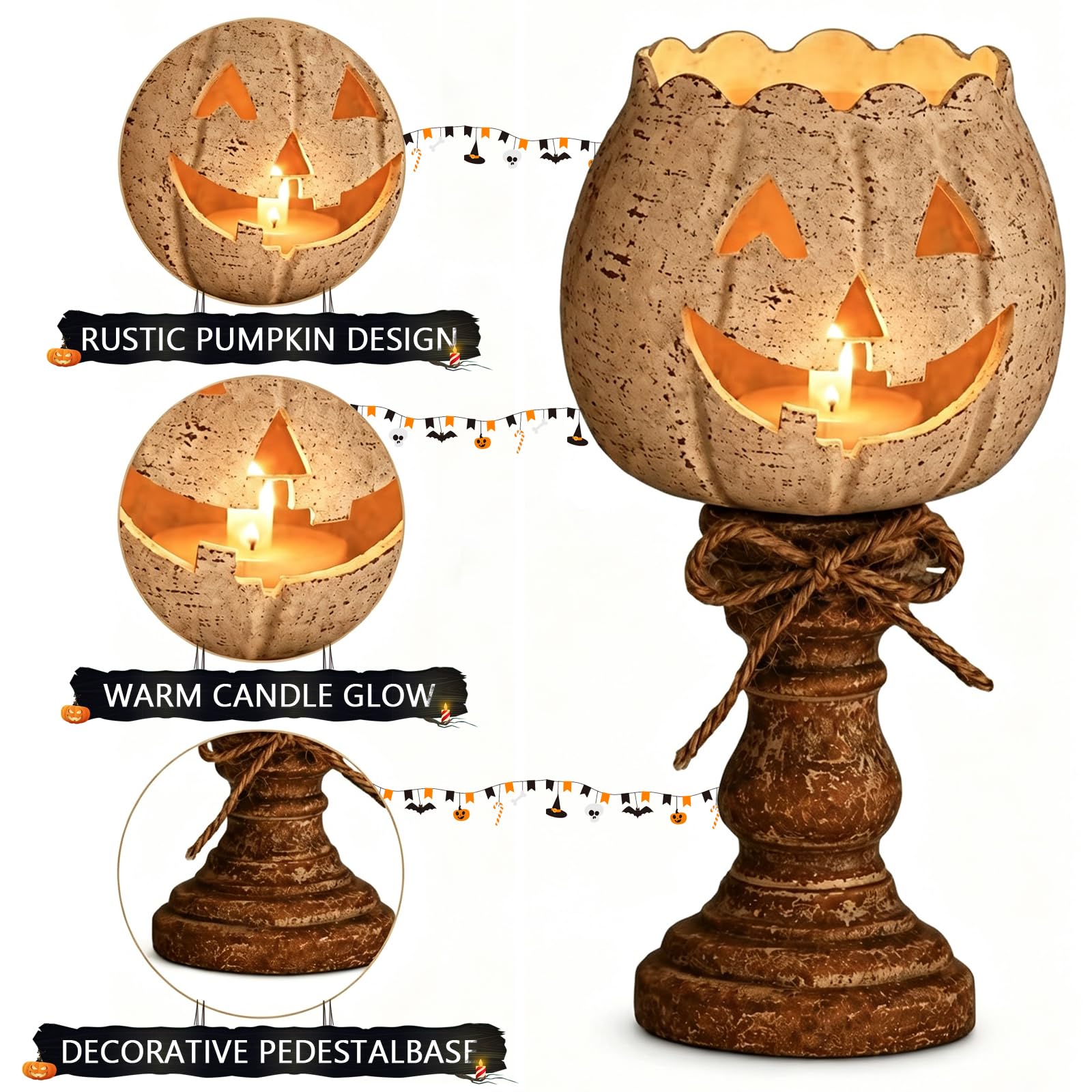 Portavelas Calabaza Halloween 3Pzs, Decoración Otoño y Halloween Rústica