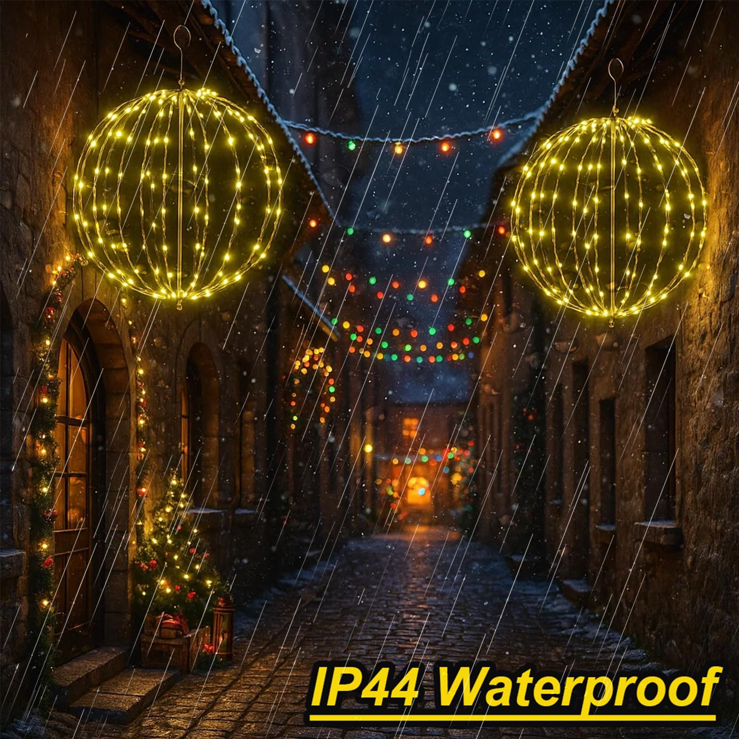 Weihnachtsbeleuchtung Außen Batterie, 30cm Hängende LED Kugel Lichter Timer 120 LED Leuchtkugel Weihnachtsdeko Outdoor 8 Modi wasserdichte für Garten Party Innen(1 Stück, Warmweiß)