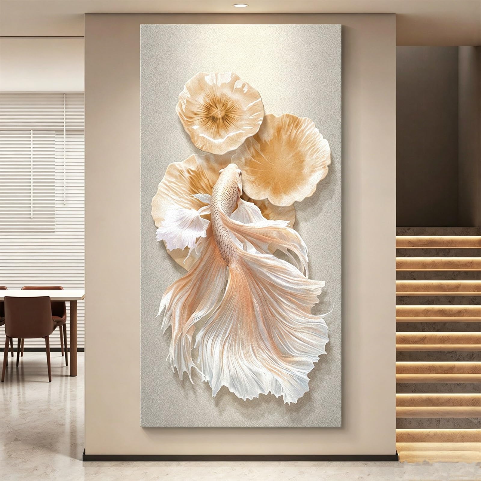 ZCQMSCWW 3D LED Embossed Koi Fish Wall Art，Large Vertical Lotus Leaf Mural Modern Textured Relief Sculpture Decor for Entryway Living Room(A,120 * 60cm/47.2 * 23.6in)