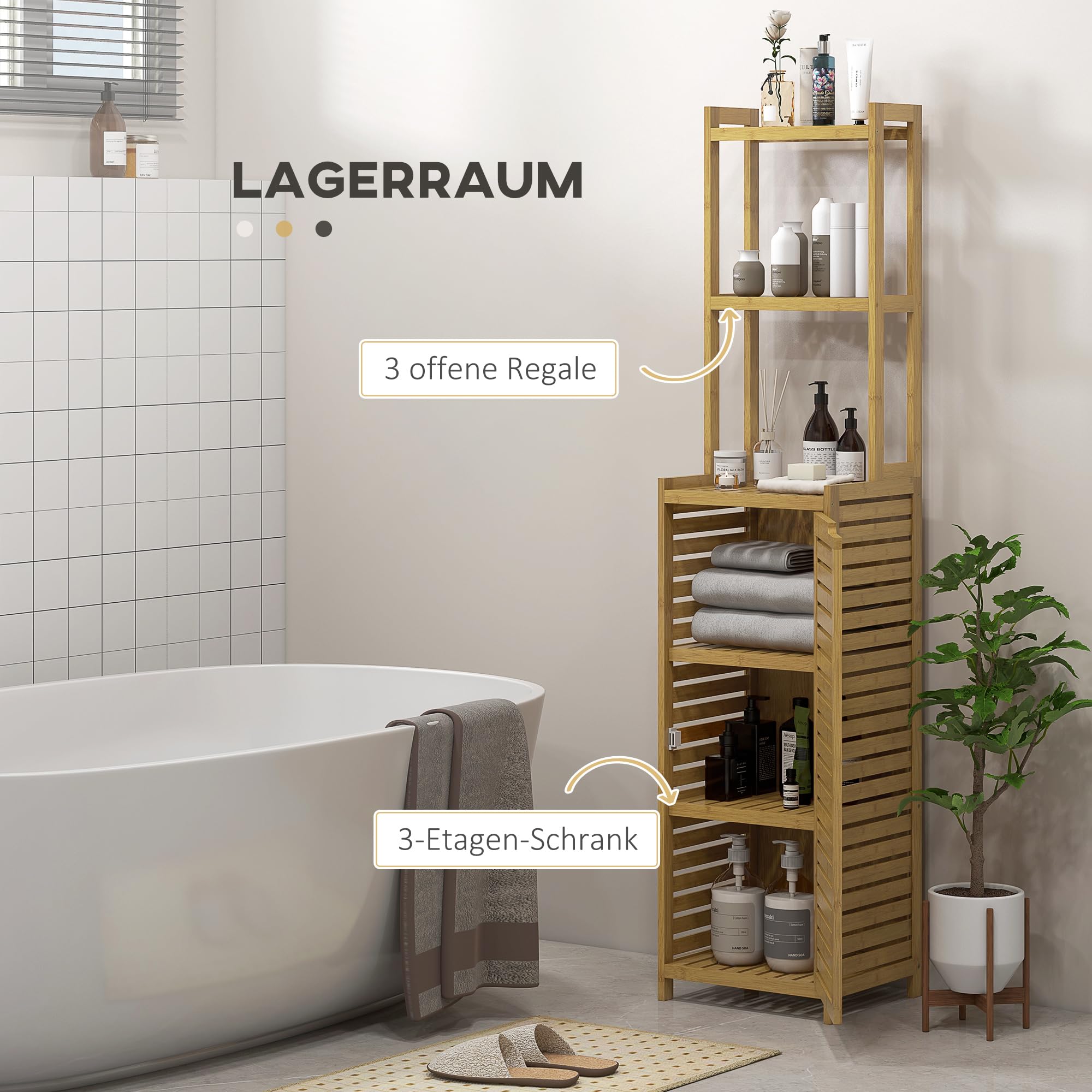 Armadietto bagno in bambù con vano armadio e 3 scomparti aperti, protezione antiribaltamento, legno naturale per bagno moderno