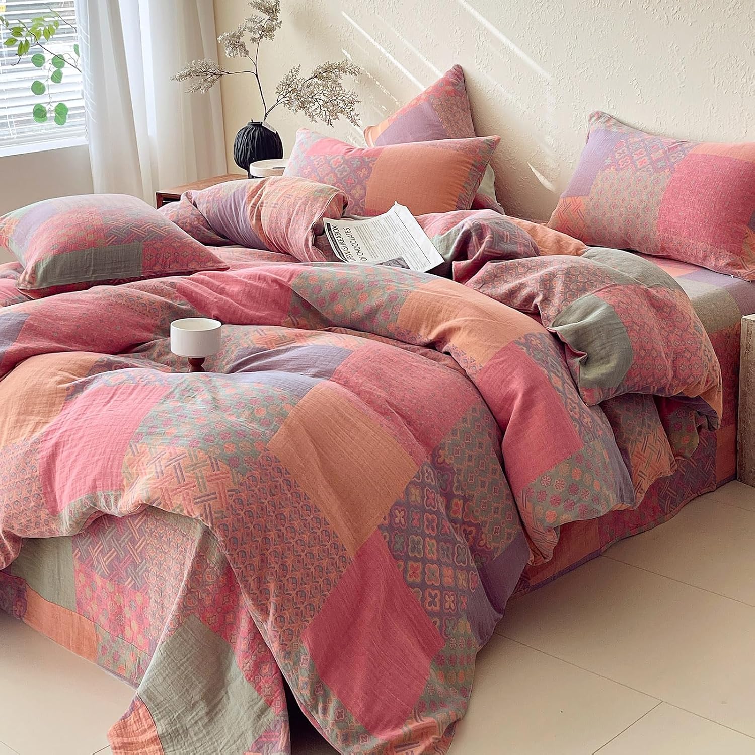 mixinni 100% Cotton Double Layer Yarn Duvet Cover Set, Vintage Patchwork Floral Jacquard Textured Comforter Cover, Reversible Boho Bedding Set with Pillowcases for All Season-Queen Size