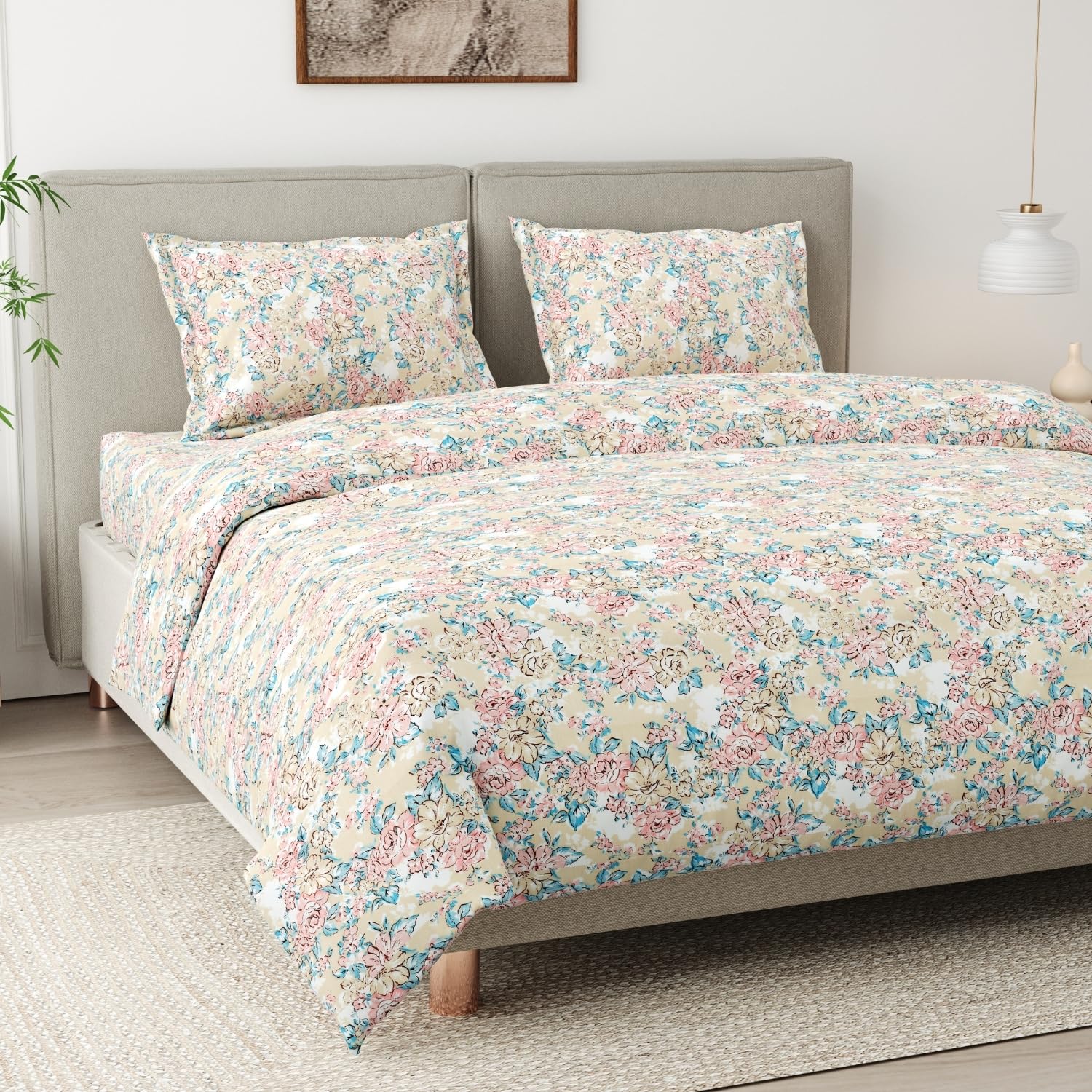 haus & kinder Bedsheet for Double Bed King Size, 108 * 108 Inches King Size Bed Sheet Cotton with 2 Pillow Covers 186TC Cotton Bedsheets for King Size Bed- Blossom Legacy
