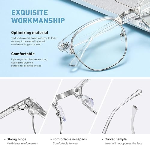 Miniatura 9 de Lentes de bloqueo de luz azul, vintage, medio marco, lente transparente UV, antifatiga ocular, gafas de juegos para computadora para mujeres y