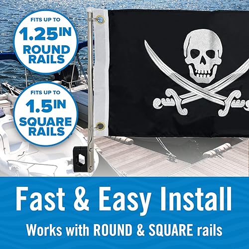 Miniatura 3 de Kit de asta de barco con bandera pirata, juego de bandera Jolly Roger de 12 x 18 pulgadas, grado marino de doble cara, mini soporte negro,