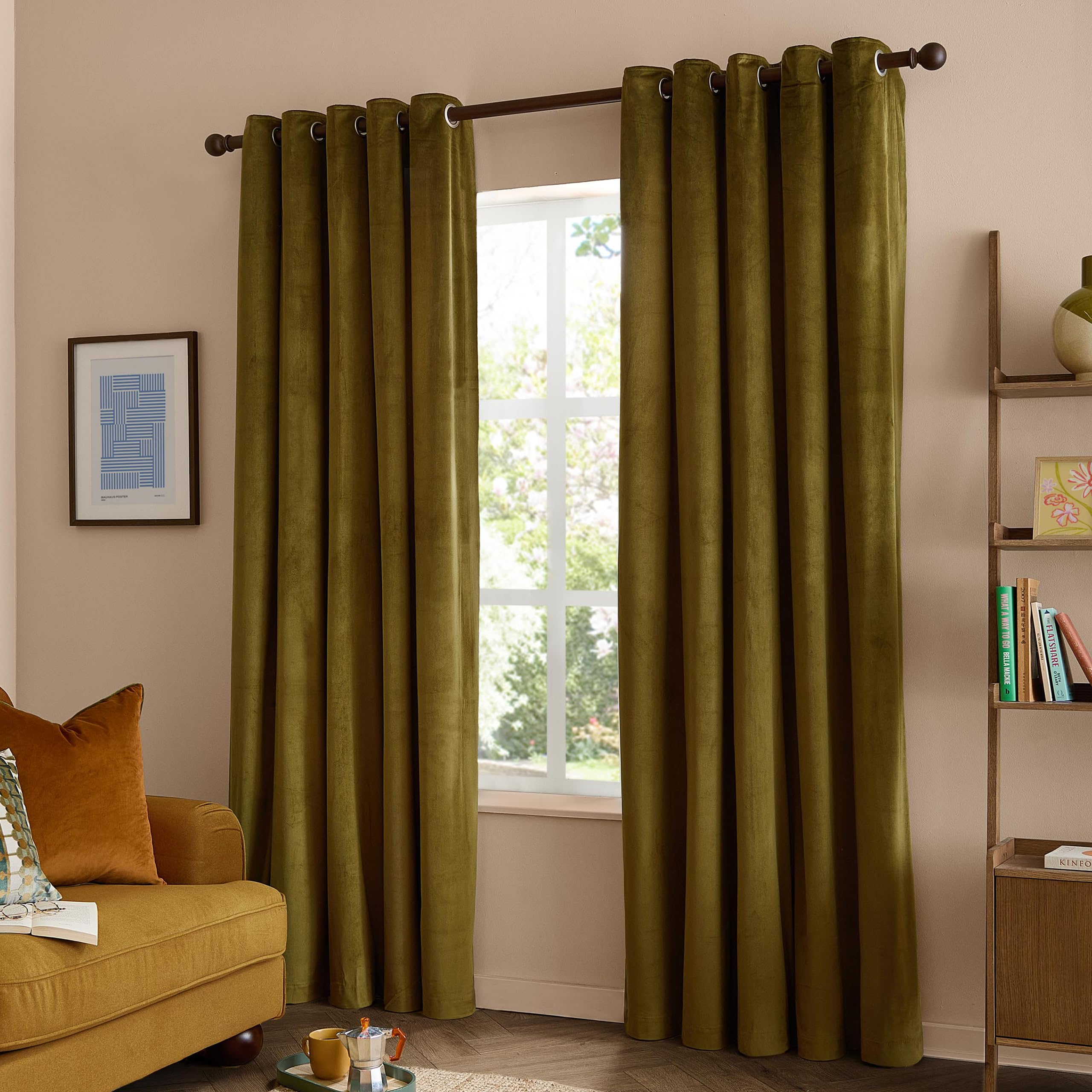 furn. The Ultimate Velvet Blackout Eyelet Curtain Pair (Olive - 117x183cm)